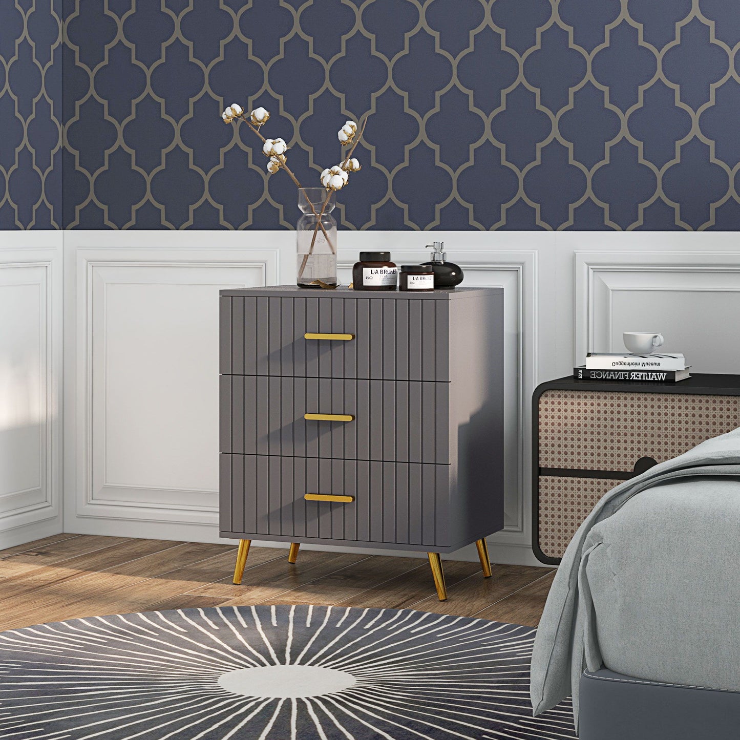 3 Drawer Cabinet, Drawer Chest for Bedroom, Chest of Drawers with Aluminium Legs and Gold Handles, Dark Grey