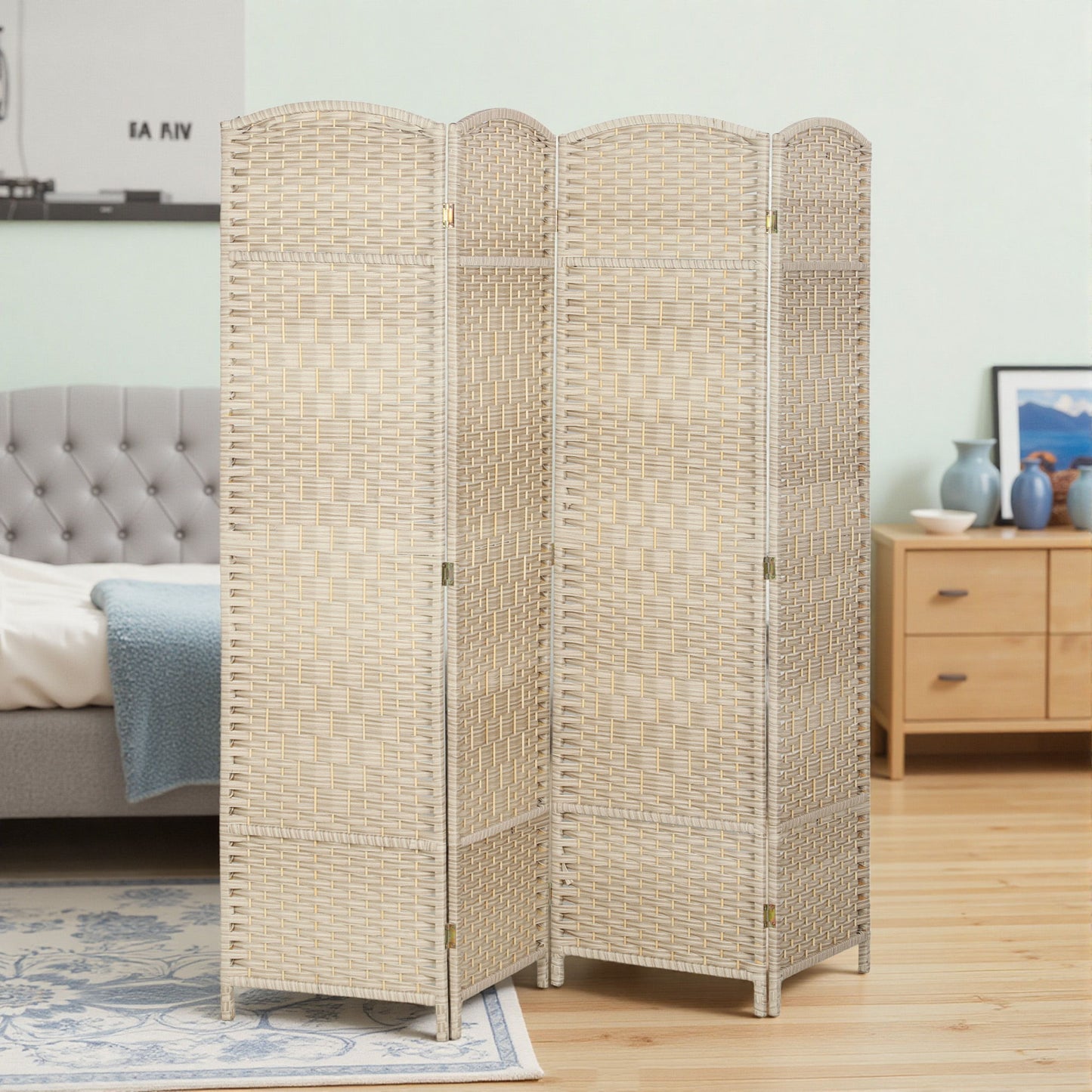 6 Ft Tall Folding Room Divider, 4 Panel Portable Privacy Screen, Hand-Woven Partition Wall Divider, Light Oak