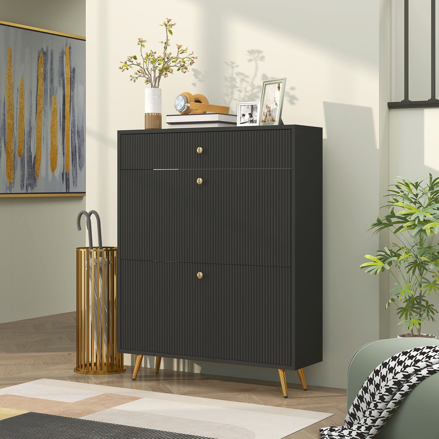 Narrow Shoe Storage Cabinet with Wave-like Panels and Adjustable Shelves for 12 Pairs of Shoes, Black