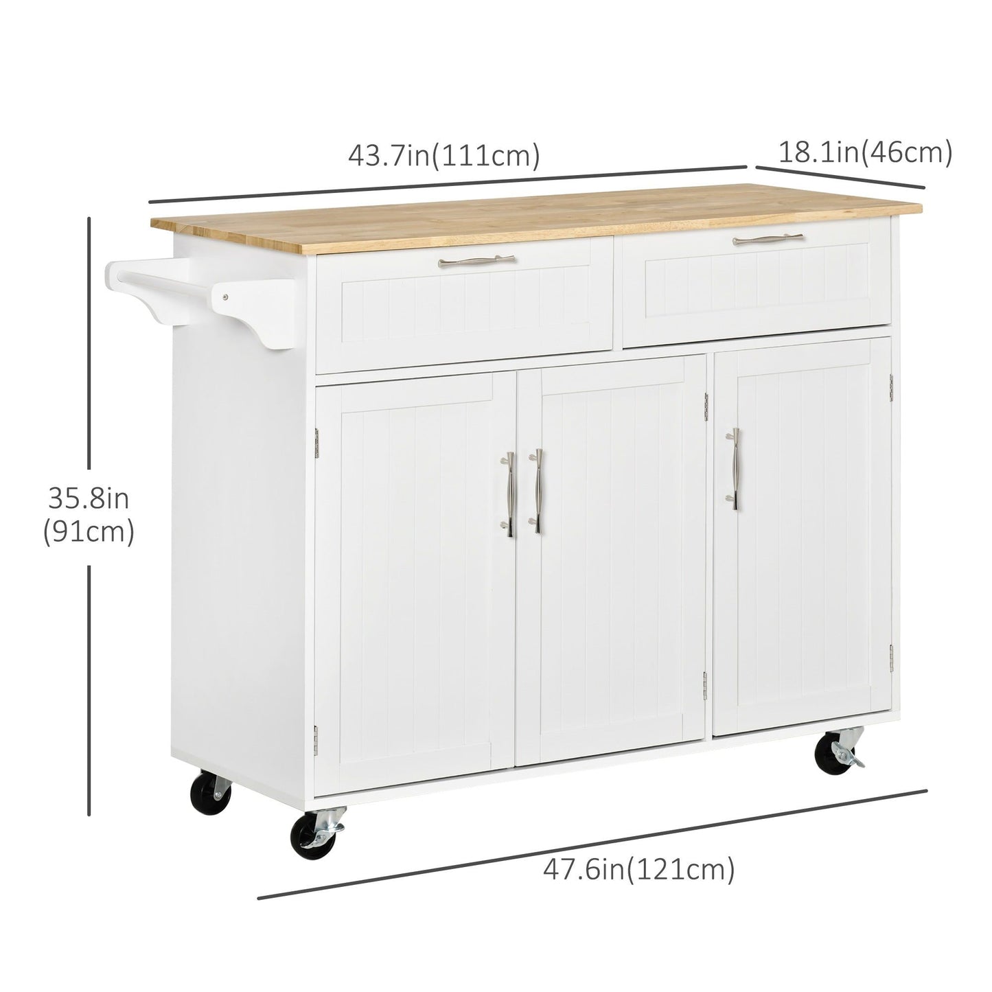 48" Kitchen Island with Solid Wood Top and Drawers - White