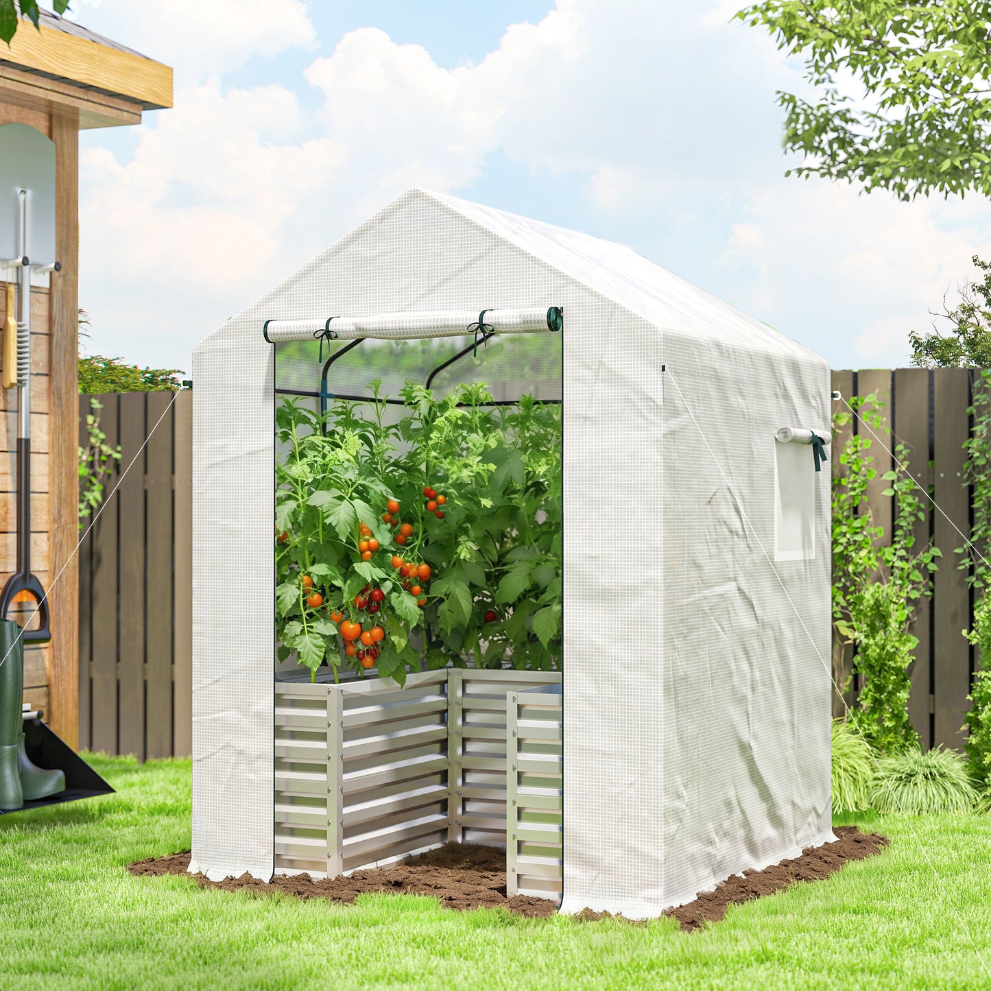 Greenhouse with Raised Garden Bed, Galvanized Metal Planter Box with PE Cover, Roll Up Door, 56" x 56" x 75", White