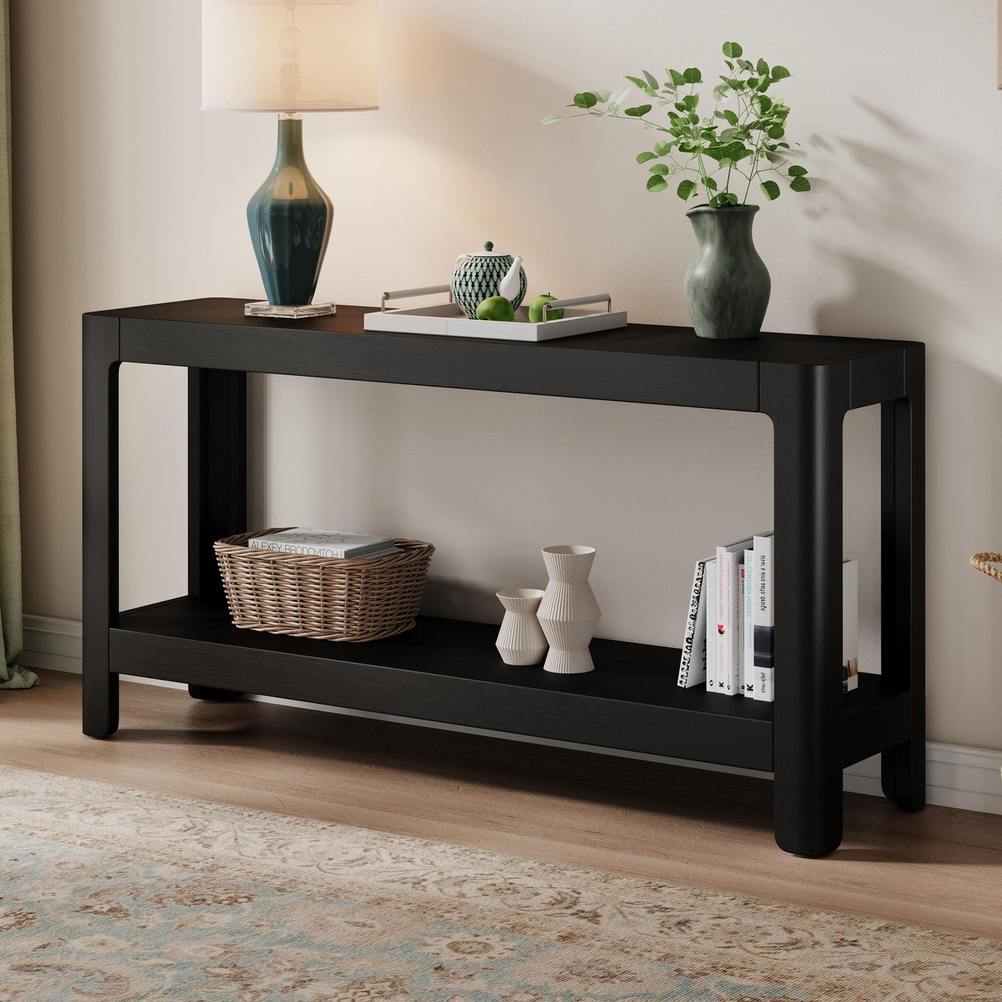 Elegant Farmhouse Console Table with Knot-Free Pine Legs, Accent Sofa Table with Solid Wood Veneer Top, 59" L x 15.5" W x 30" H, Black