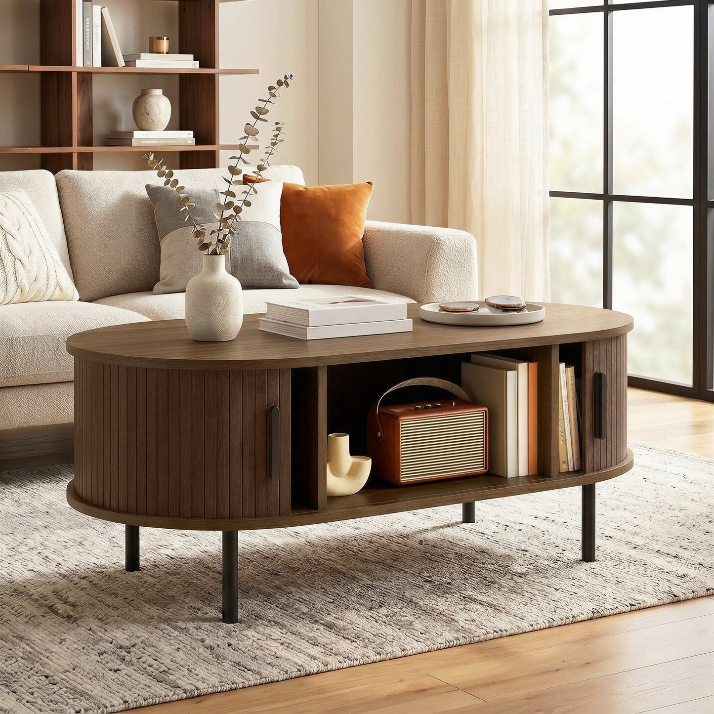 39" Coffee Table with Tambour Doors and Storage - Brown