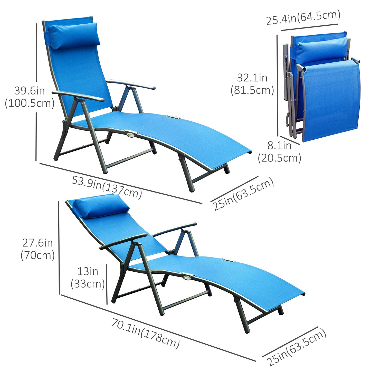 Heavy-duty Adjustable Folding Reclining Chair Outdoor Sun Lounger Patio Chaise Lounge Garden Beach Gravity Lounge with Pillow, 7 Adjustable Backrest Positions, Blue