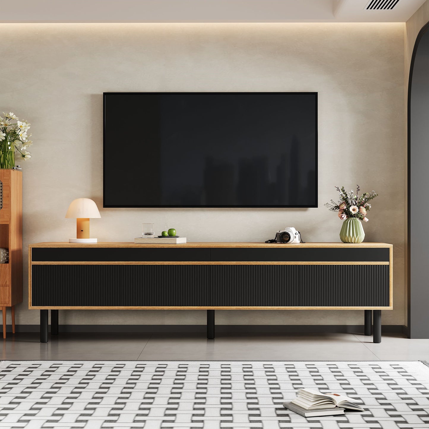 TV Stand with Elegant Stripe Design and Sturdy Wooden Legs, Three Doors, Practical and Easy Access, 67" L x 15" W x 18.5" H, Black+Natural