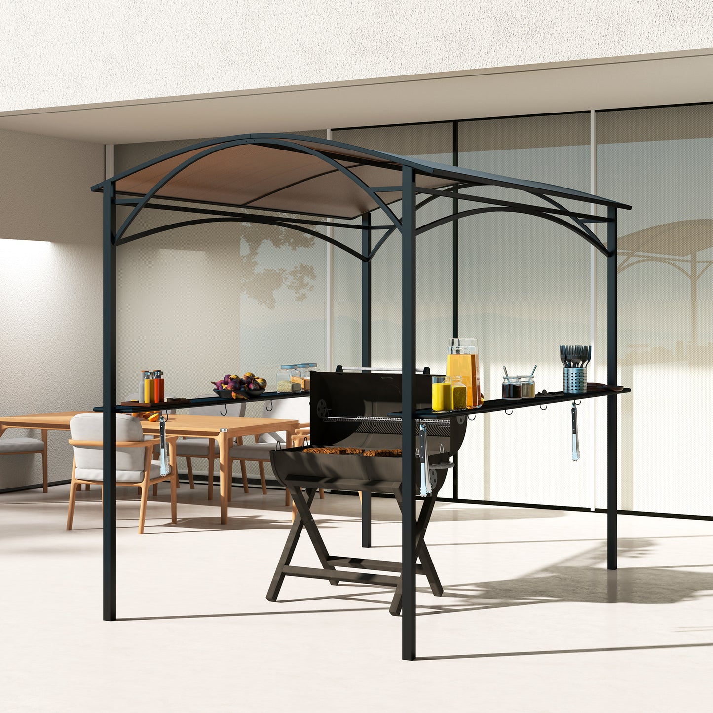 8' x 5' Hardtop Grill Gazebo, Outdoor BBQ Gazebo with PC Board Roof, BBQ Canopy Gazebo with 2 Side Shelves and 10 Hooks