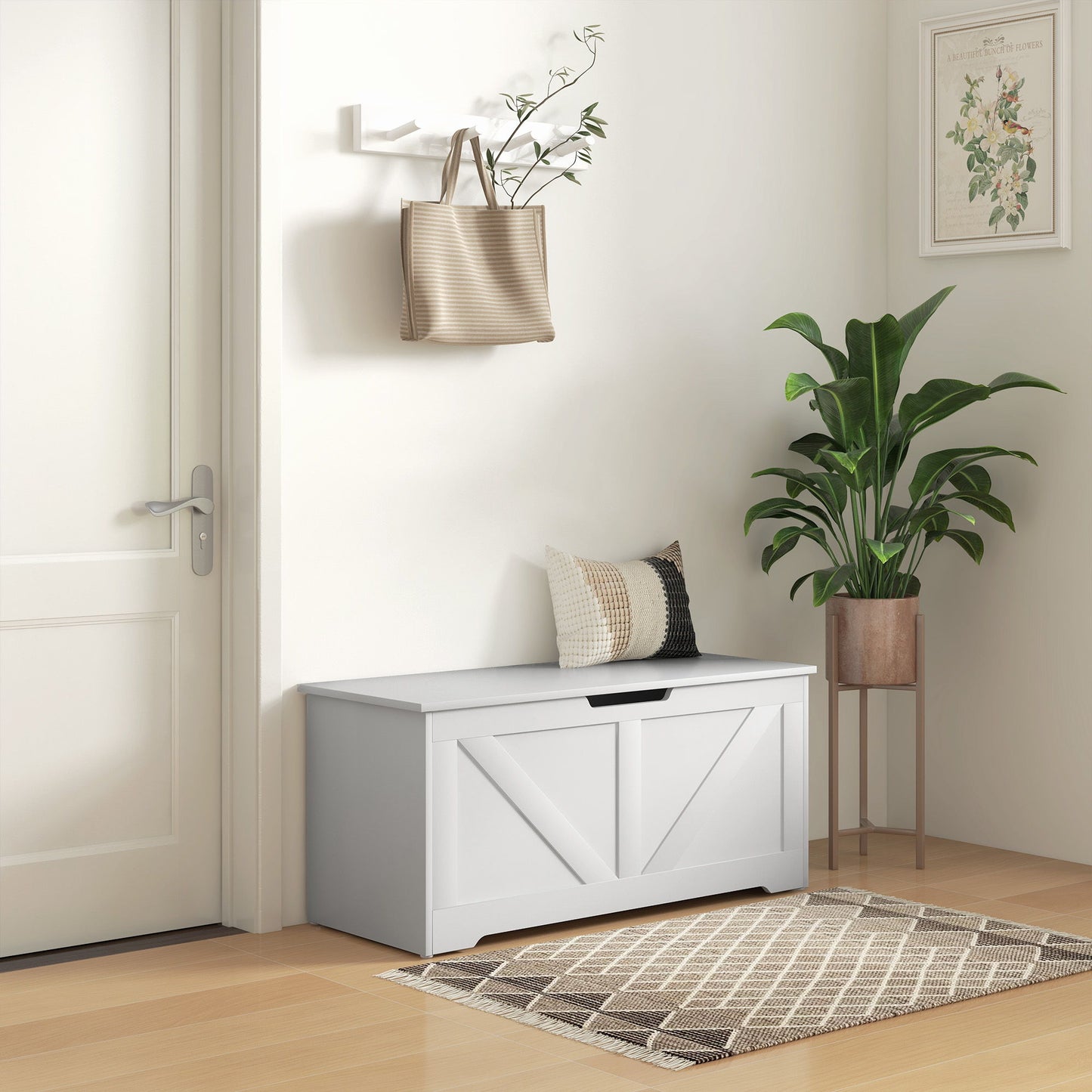 39.4 Inches Storage Chest, Storage Trunk with 2 Safety Hinges for Living Room, White Wood Grain