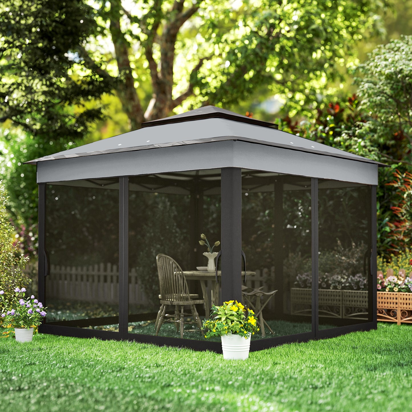 10.7 x 10.7ft Pop Up Gazebo, Adjustable Instant Sun Shelter with UV30+ Roof Cover, Removable Mesh Curtains, Dark Grey