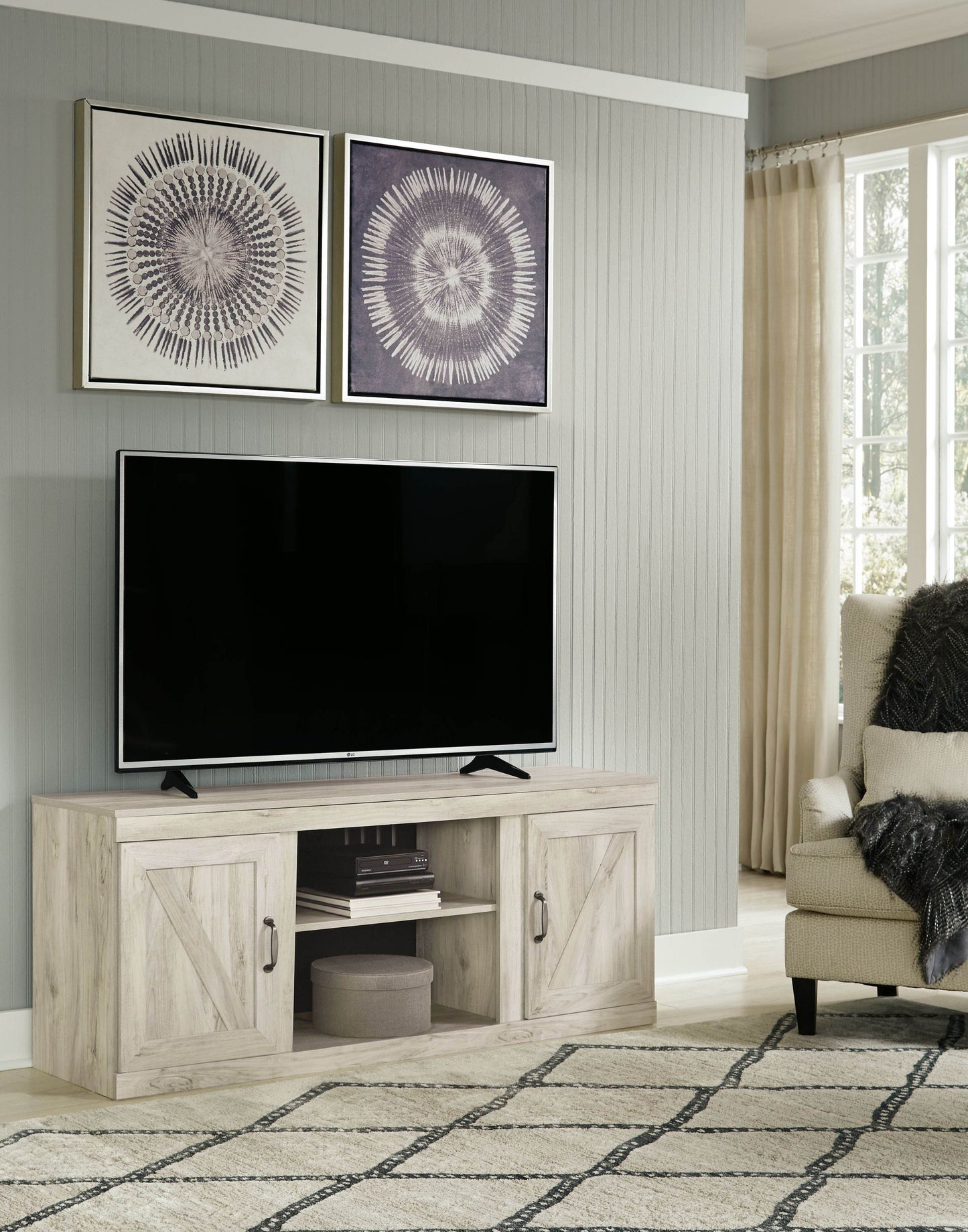 Bellaby - Whitewash - TV Stand With Faux Firebrick Fireplace Insert - Forward Furniture