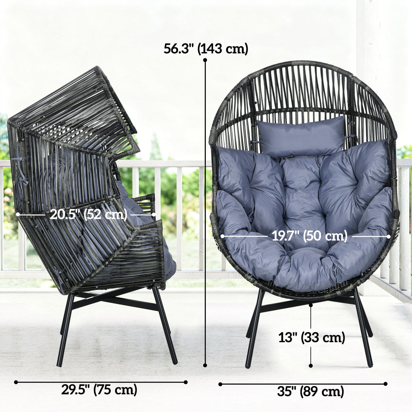 Wicker Egg Chair Outdoor Indoor Rattan Oversized Patio Lounge Chair with 5.5" Cushions and Headrest, Grey