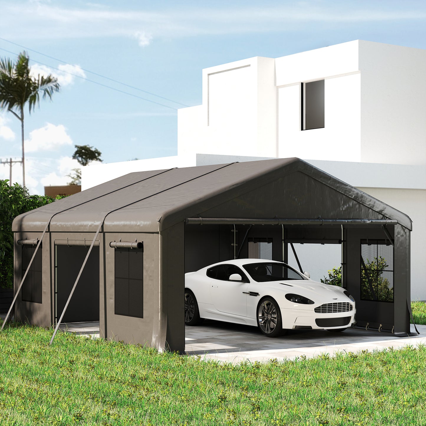 20' x 20' Heavy Duty Carport, Portable Garage Car Canopy Tent Shelter with 3 Roll-up Doors, 4 Windows, Dark Grey