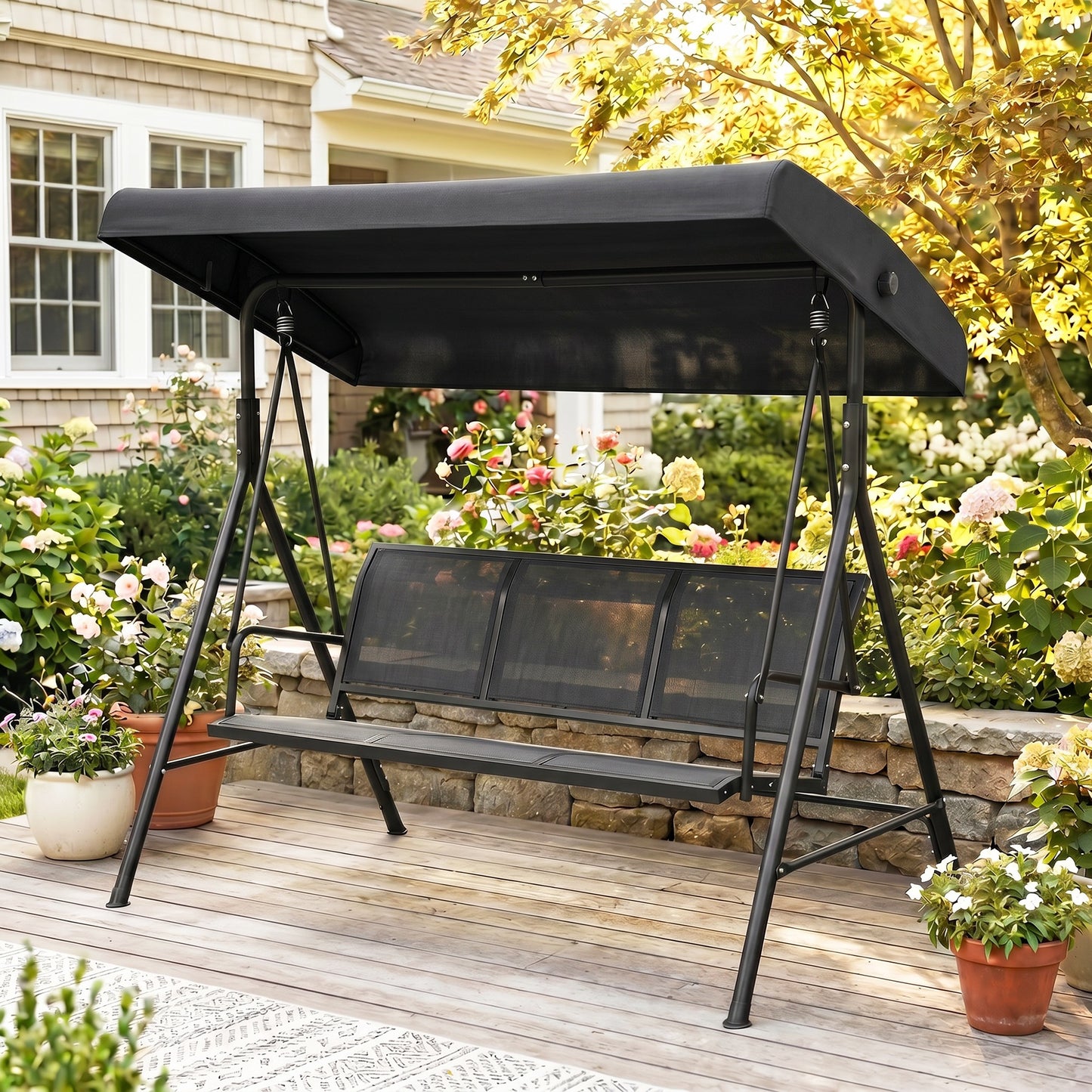 3-Seater Swing Chair Covered Garden Hammock A-Frame Outdoor Porch Glider Sling Seat with Adjustable Canopy Cover, Black