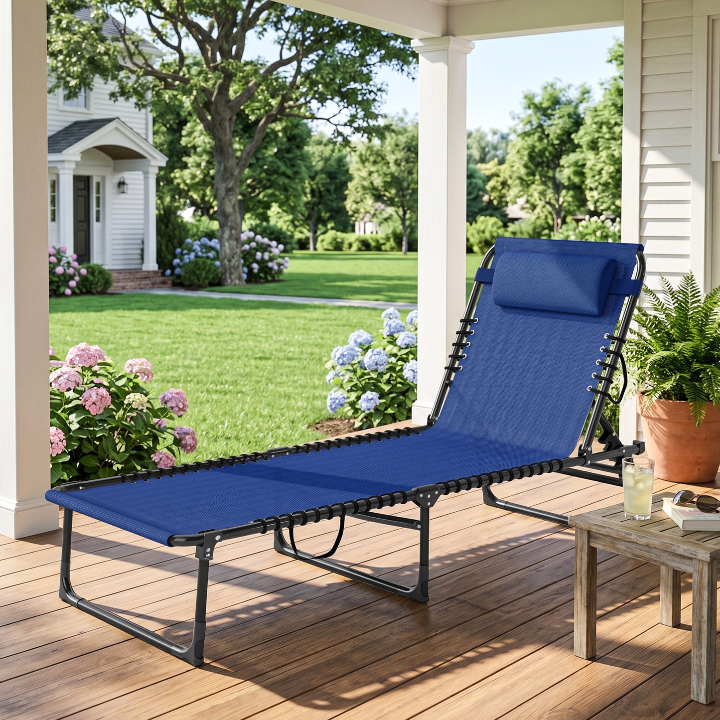 Outdoor Folding Lounge Chair, 4-Level Adjustable Chaise Lounge, Tanning Chair Beach Bed Reclining Lounger Cot for Camping, Hiking, Backyard, Navy Blue