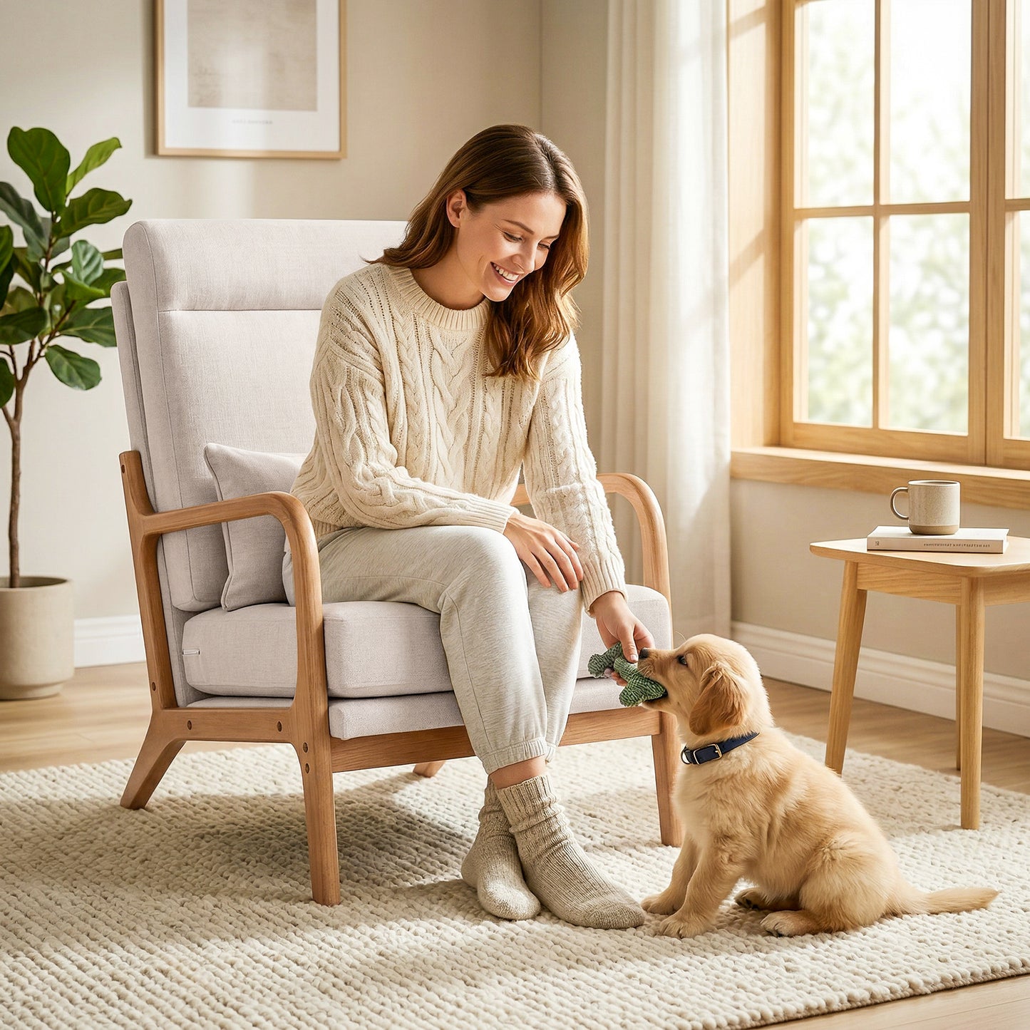 Modern Accent Chair, Linen Armchair with Lumbar Pillow, High Back, Wide Seat, Thick Cushion, Solid Wood Frame, Cream White