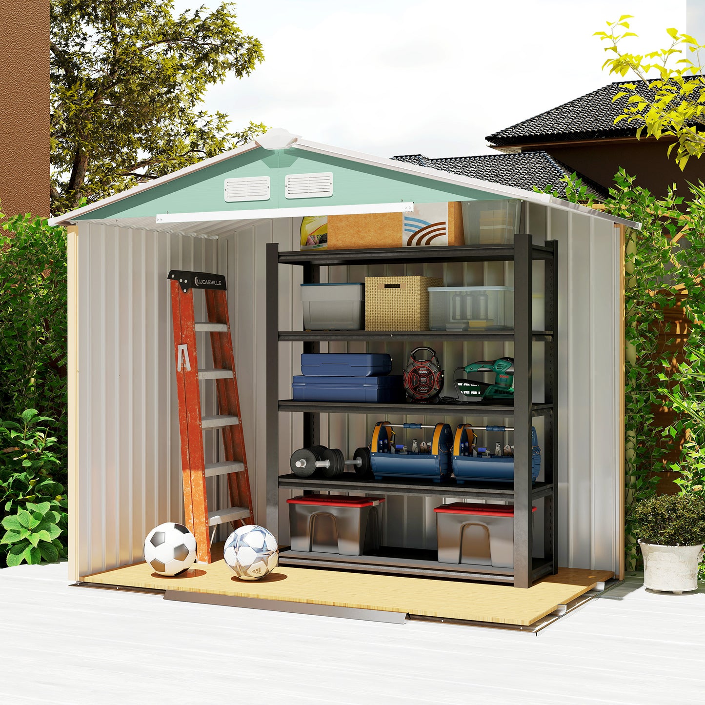 7' x 4' x 6' Garden Storage Shed Outdoor Patio Metal Tool Storage House w/ Foundation Kit and Double Doors Light Green