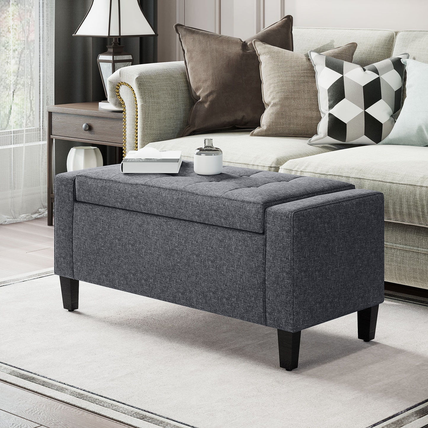 Storage Ottoman Bench, Linen Upholstered Bench with Tufted Design, Flipping Top, Dark Grey