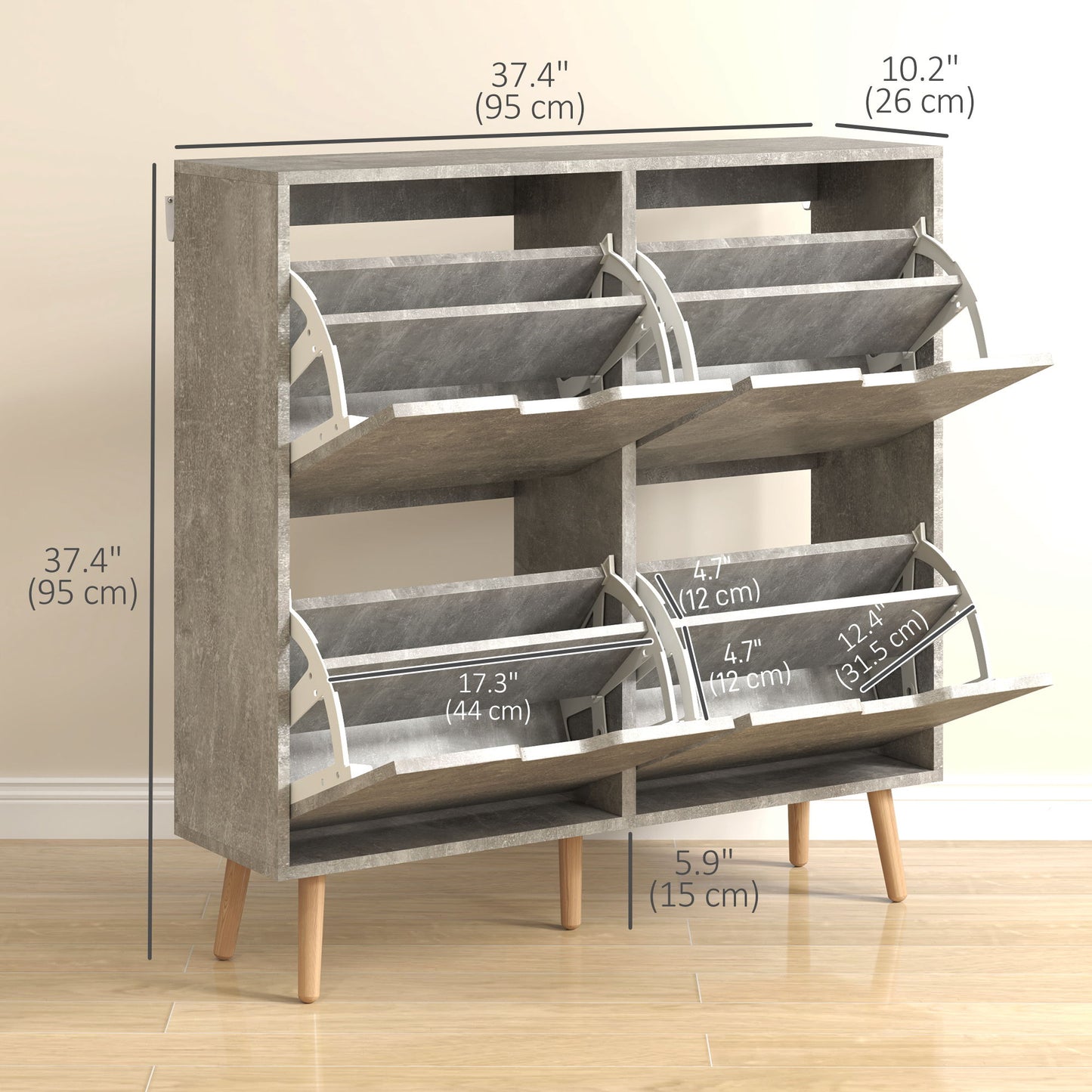 Shoe Storage Cabinet with 4 Flip Drawers and Adjustable Shelf, Shoe Cabinet for 8-16 Pairs of Shoes, Cement Grey
