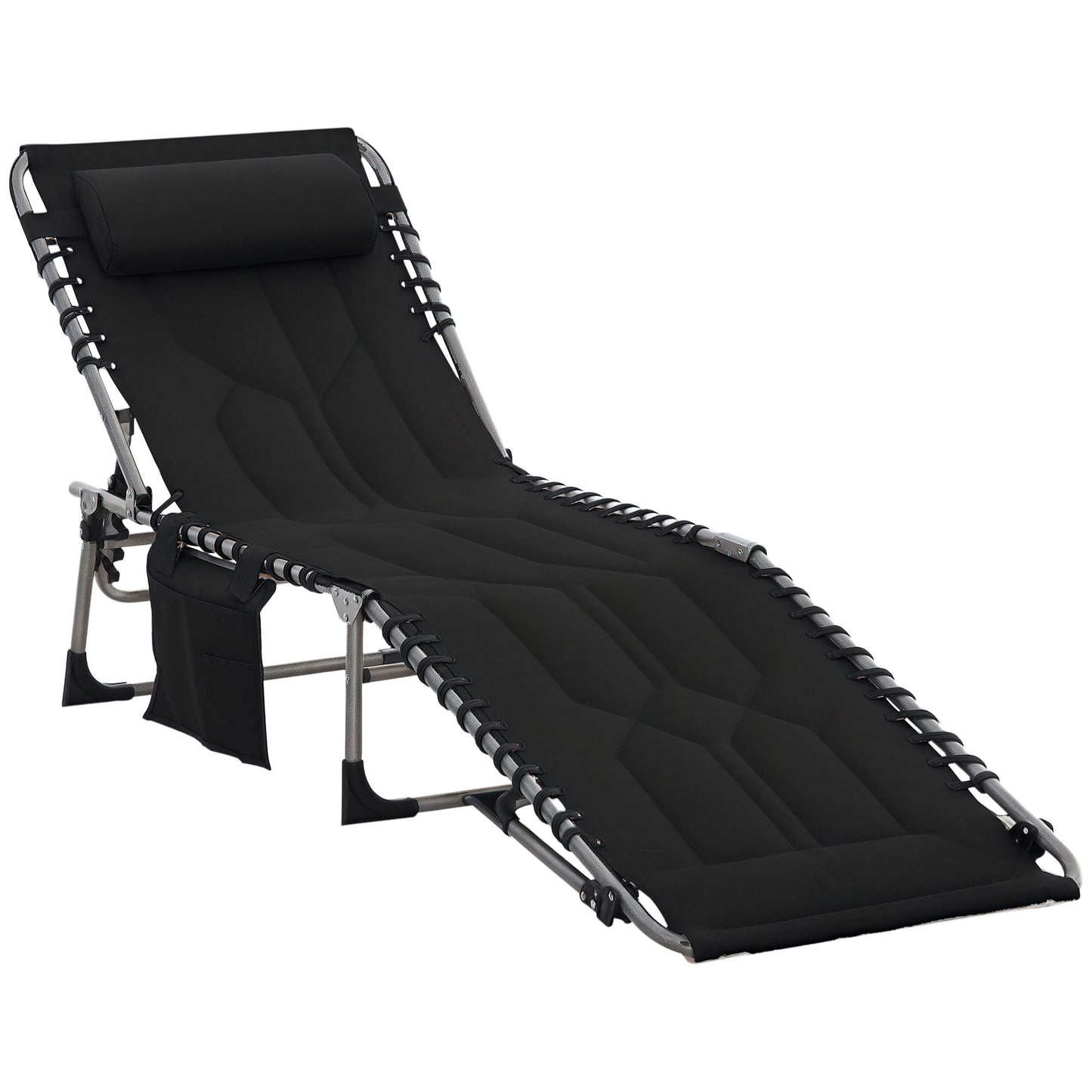 Folding Chaise Lounge Chair, Outdoor Padded Reclining Chair with 5-position Adjustable Backrest, Pillow and Pocket for Patio, Deck, Beach, Lawn and Sunbathing, Black