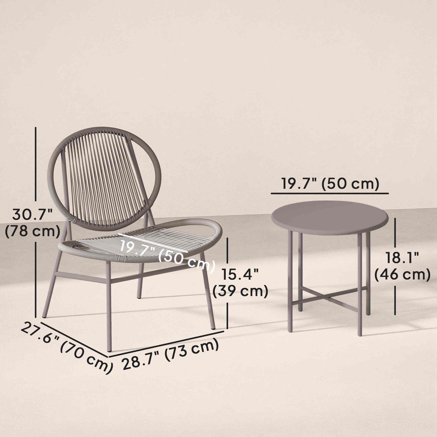 Rattan Bistro Set, 3 Pieces Wicker Patio Furniture Set, Acapulco Chairs and Steel Table for Porch, Balcony, Light Grey