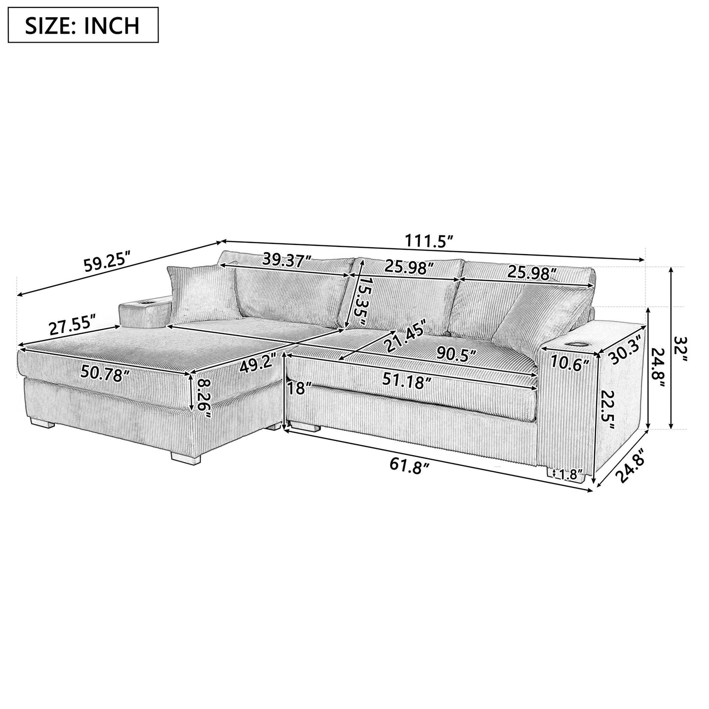 Large Corner Sectional Sofa with Extra-Thick Cushions, Comfortable Upholstered Couch for Living Room, 111.5" L x 59" W x 32" H, Gray