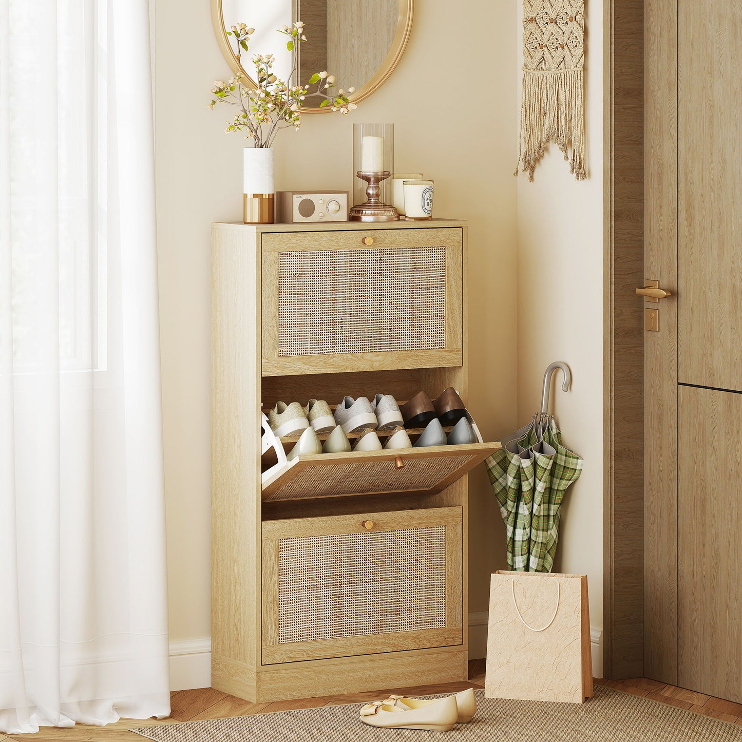 Rattan Shoe Storage Cabinet with 3 Flip Drawers and Adjustable Shelves, Entryway Shoe Cabinet for 18 Pairs, Oak