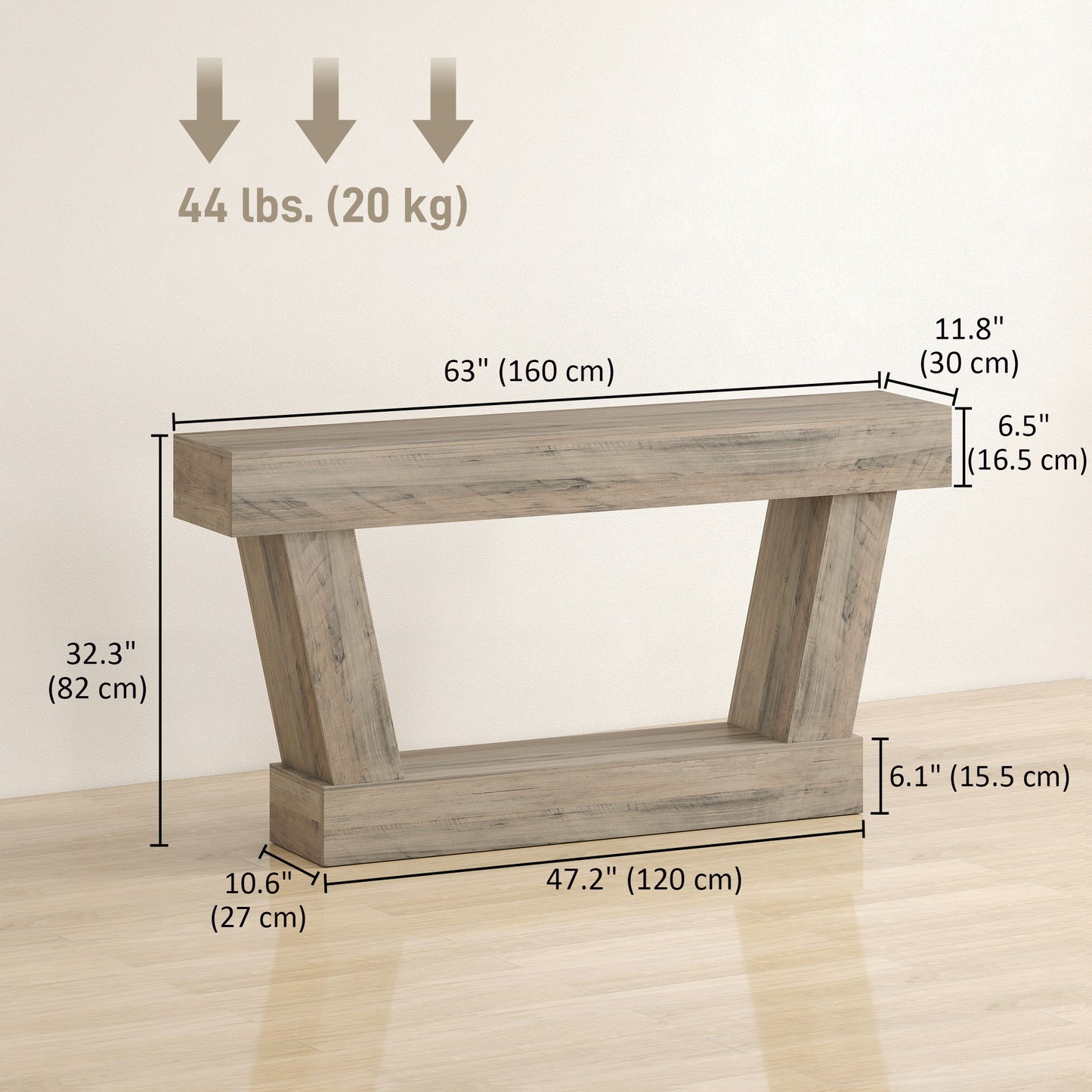 63 Inch Vintage Console Table, Narrow Entryway Table with Open Shelf for Living Room, Light Brown