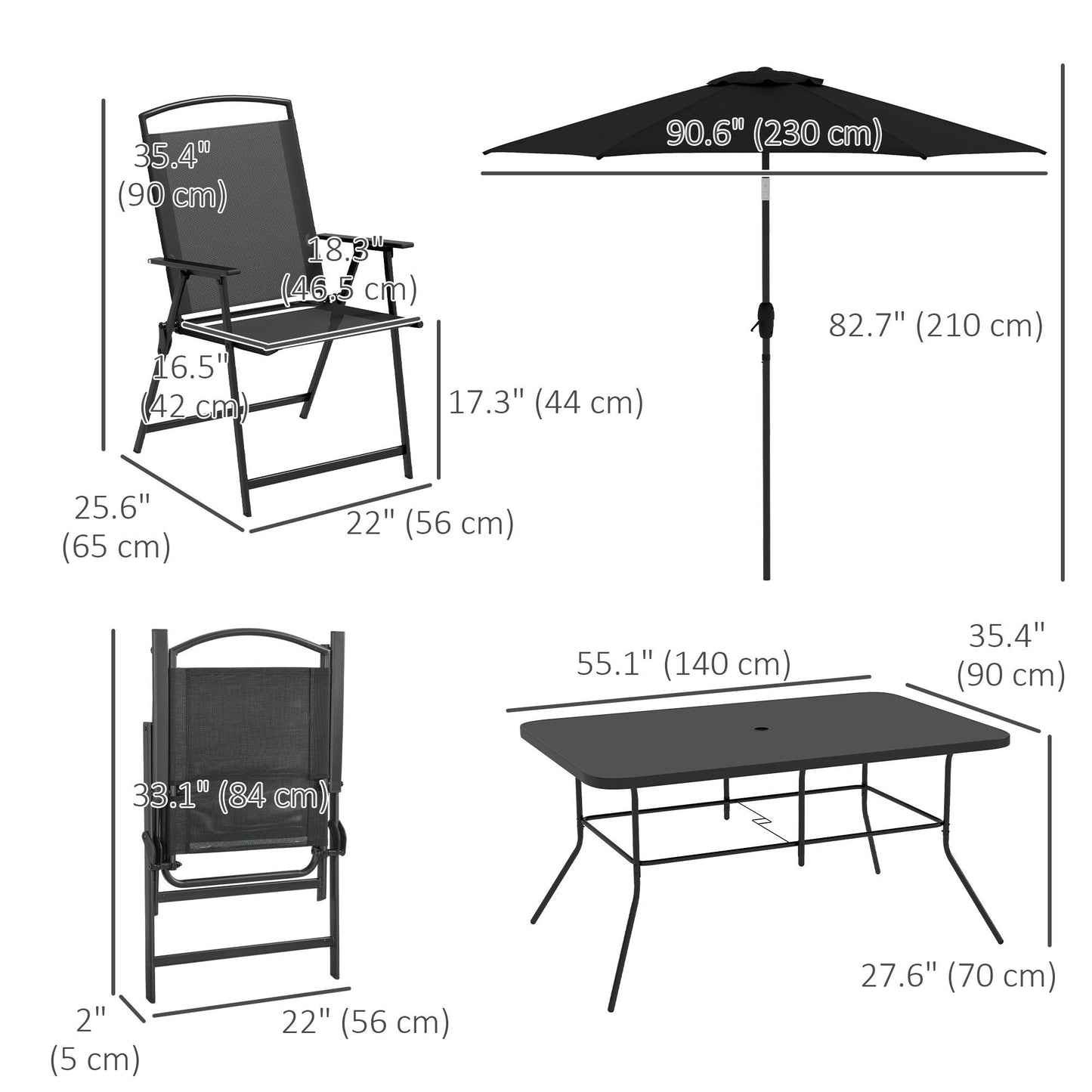 8 Piece Patio Set with Umbrella, 6 Folding Chairs, Rectangle Table, Outdoor Dining Set for 6 with Mesh Seat, Black