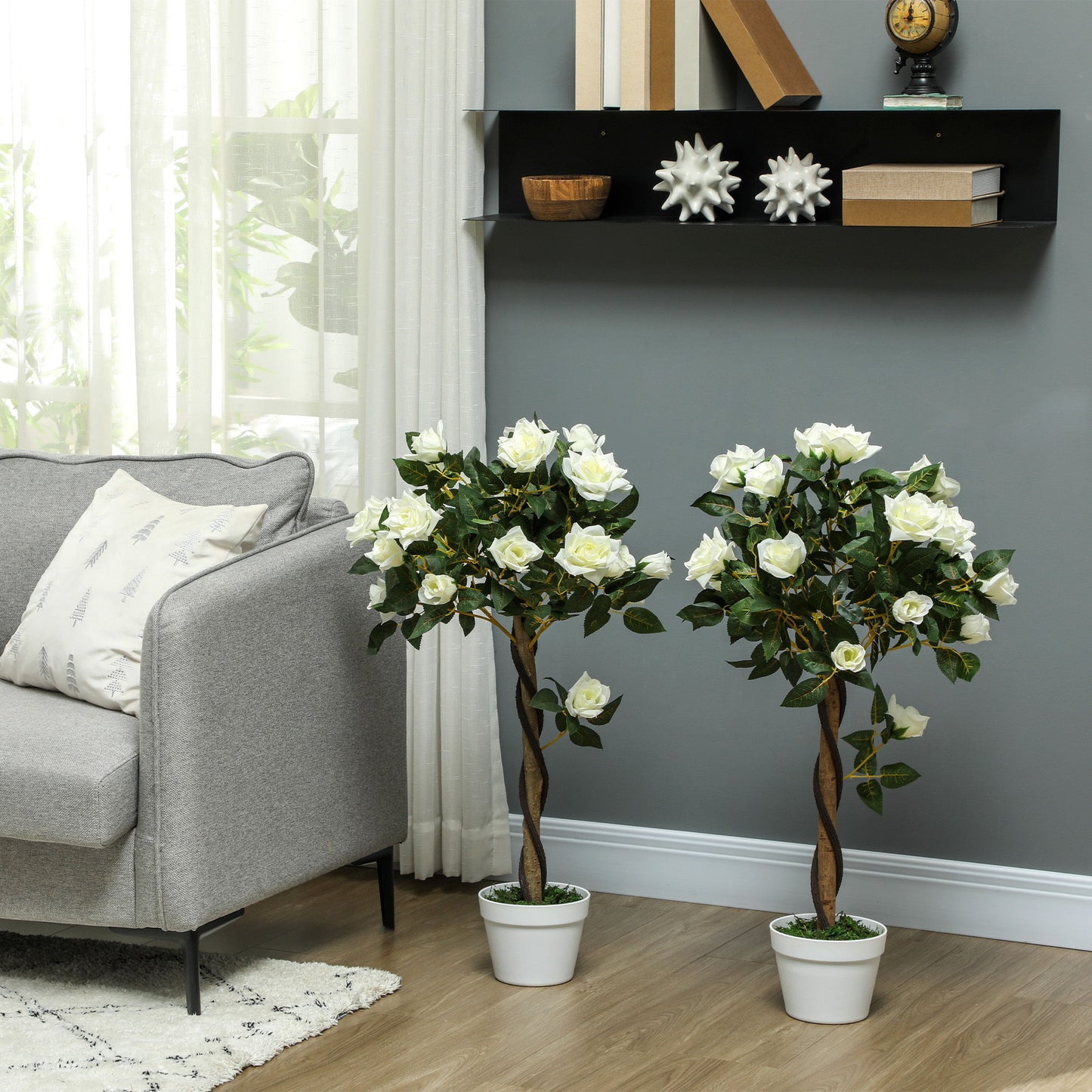 3FT Artificial Plant White Rose Floral Set of 2 in Pot, Fake Plant for Home Indoor Decor
