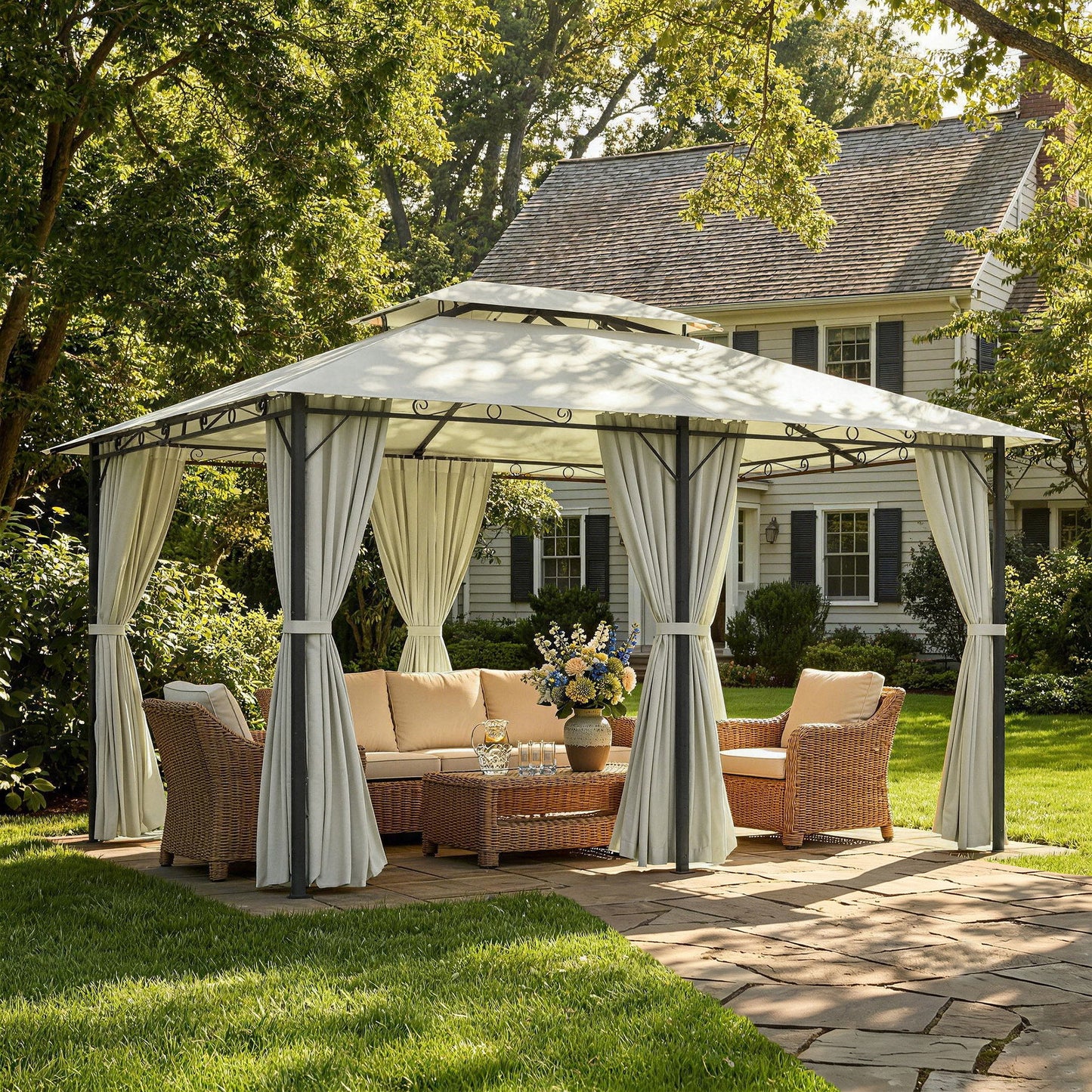 13' x 10' Soft-top Gazebo Patio Steel Canopy Portable Party Event with Double Canopy Roof, Curtains, Cream White