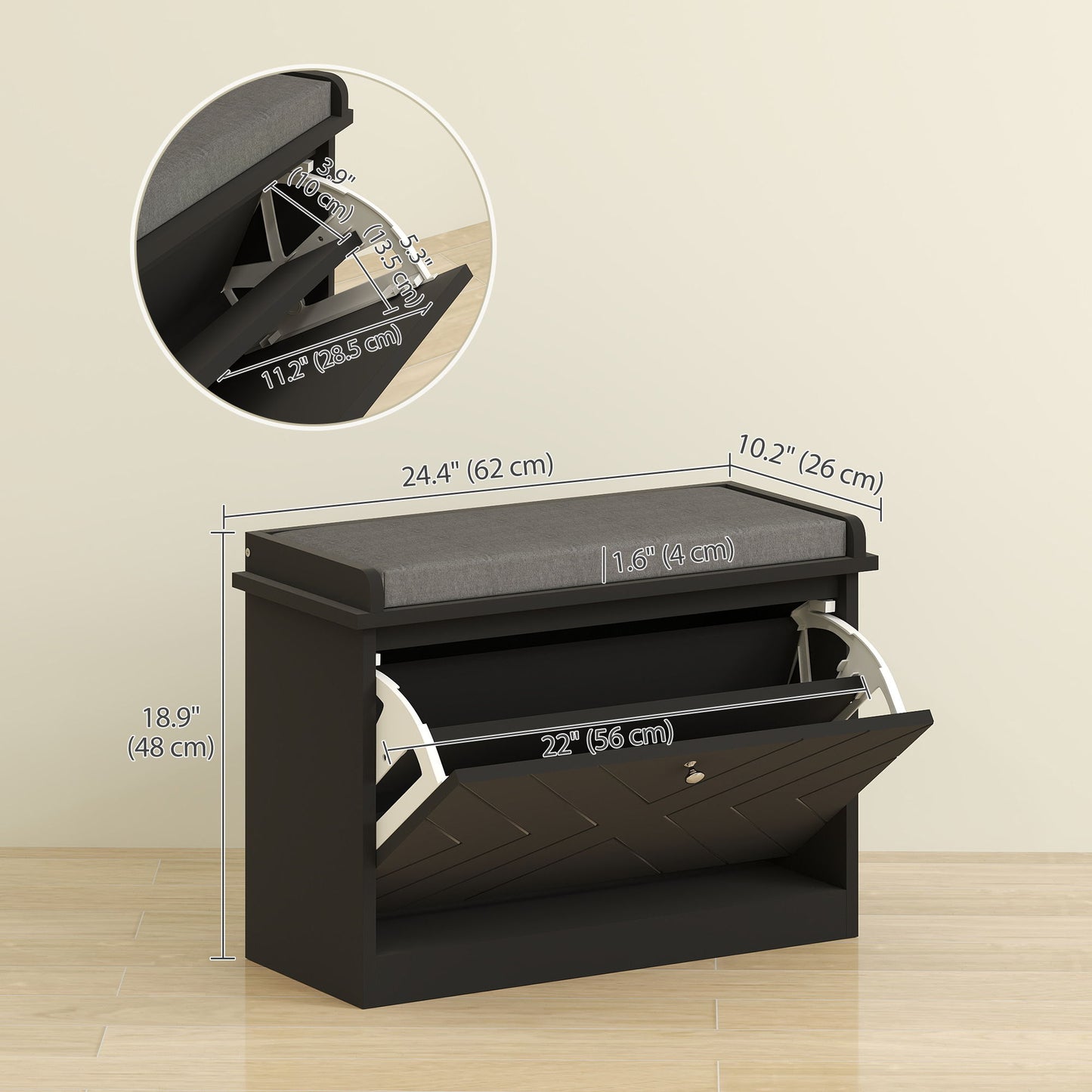 Shoe Storage with Seat, Upholstered Hallway Bench, Shoe Bench with Flip Drawer, Adjustable Shelf for 4-6 Pairs of Shoes