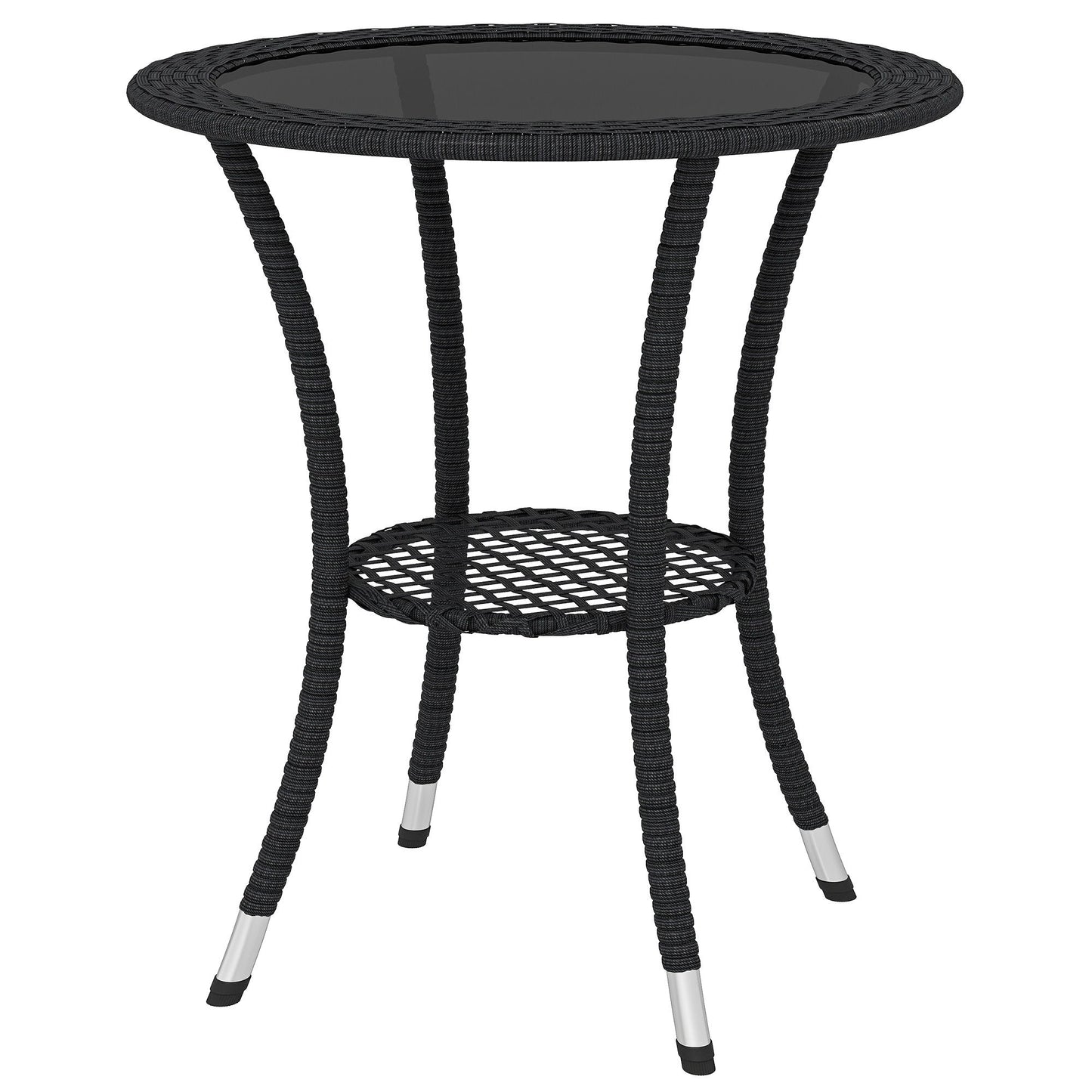 Outdoor Rattan Dining Table, Patio Wicker Round Coffee Table with 2-Tier Storage Shelf, Black