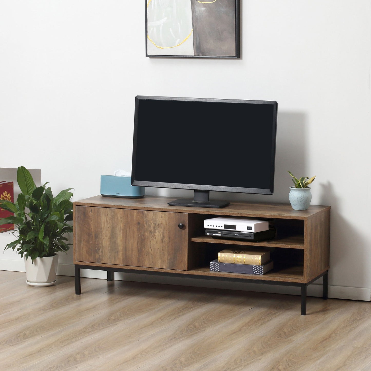 Retro TV Cabinet for TVs up to 50", TV Stand with Compartment and Adjustable Shelf, Media Console with Sliding Door for Living Room, Coffee
