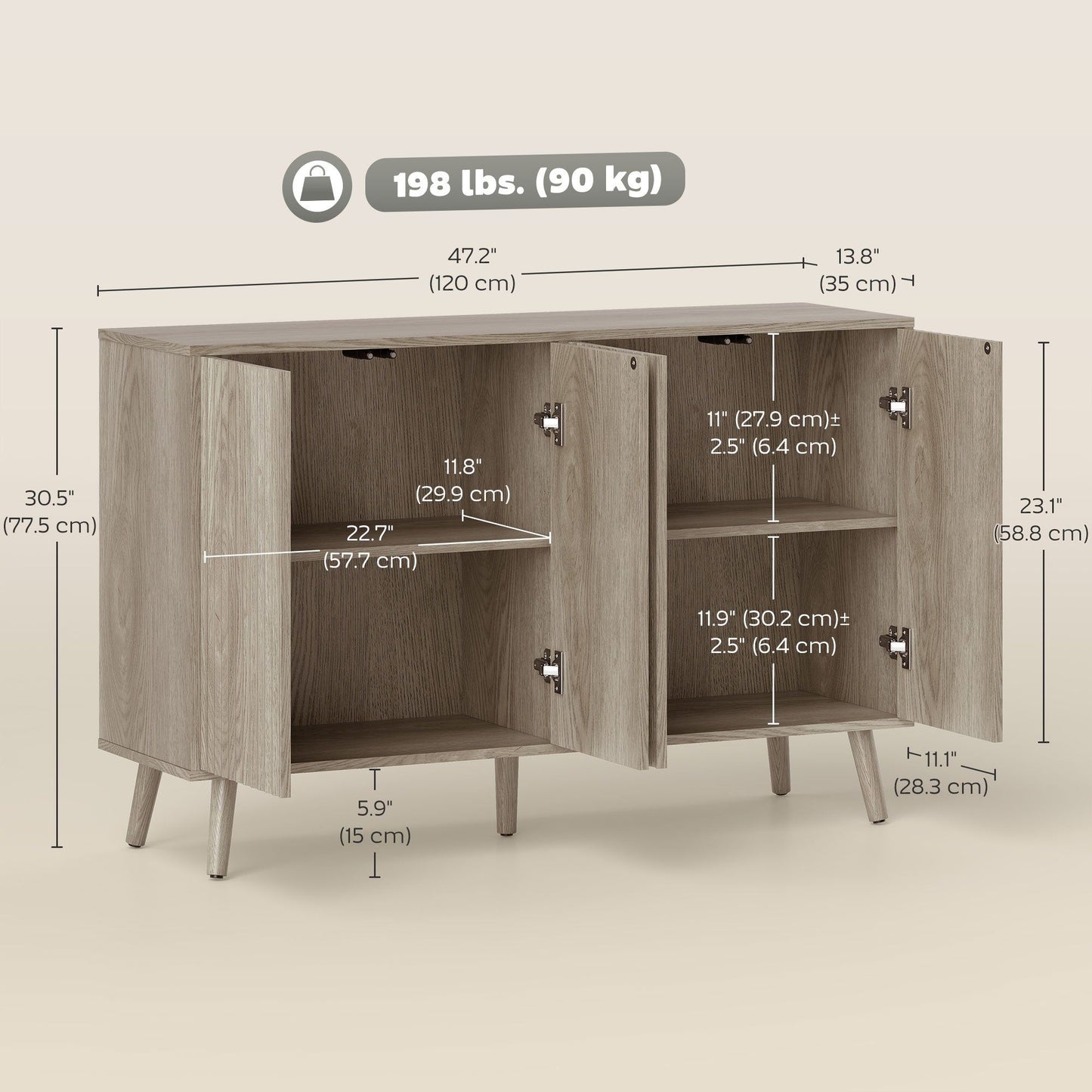 Fluted Buffet Cabinet with Adjustable Shelves - Light Grey