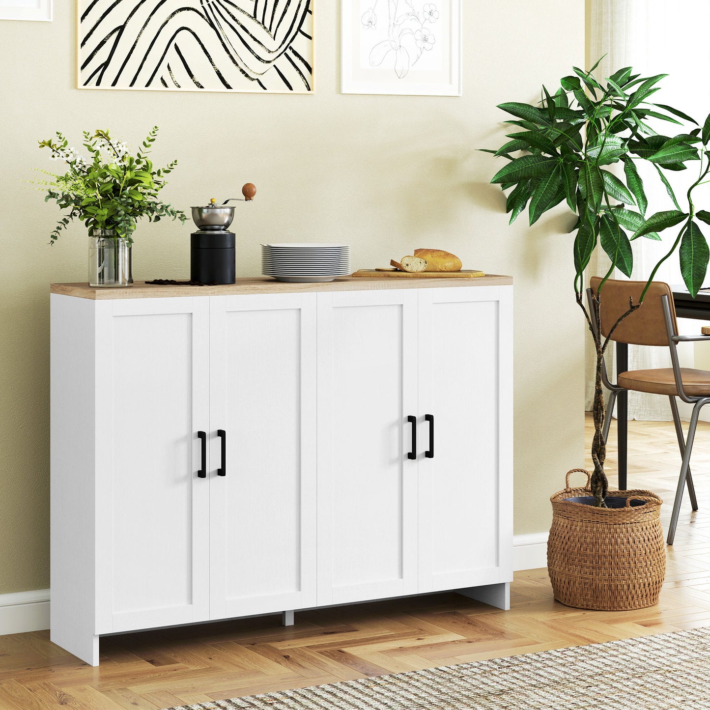 Modern Sideboard Buffet Cabinet, Modern Kitchen Storage Cabinet with 4 Doors Adjustable Shelves, for Dining Room, White