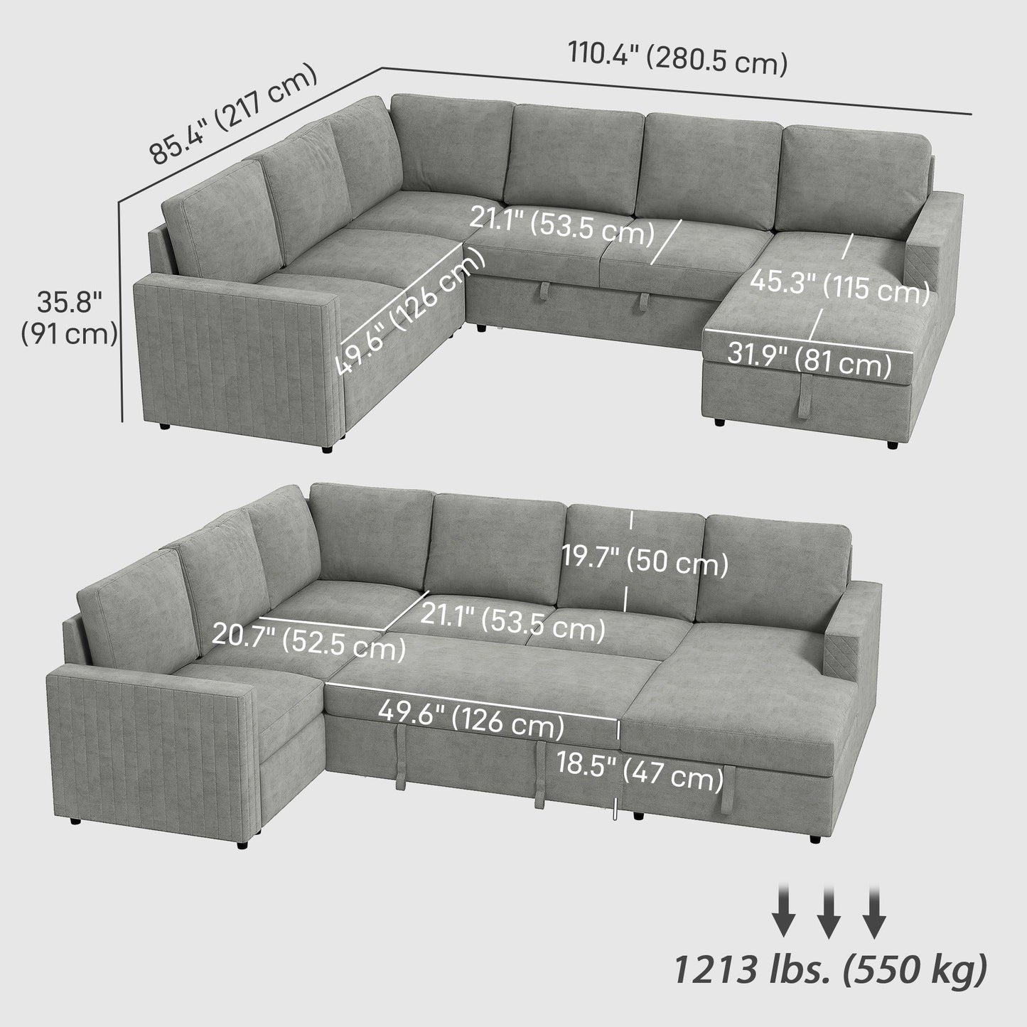 U-Shaped Pull-Out Sleeper Sofa with Storage & Chaise - Grey