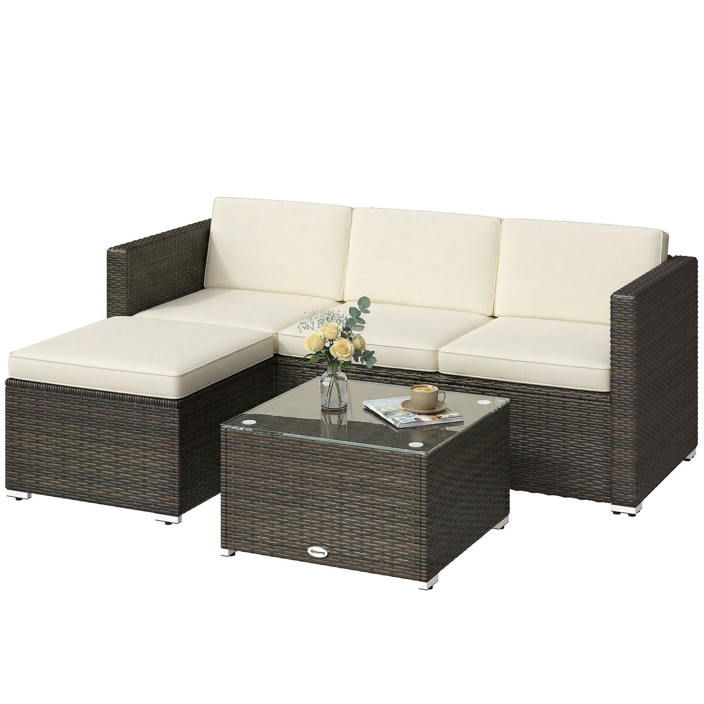 3 Pieces Patio Furniture Set with Cushions, Outdoor PE Rattan Wicker Conversation Corner Sofa Set with Glass Top Table and Adjustable Foot for Garden, Lawn, Cream White