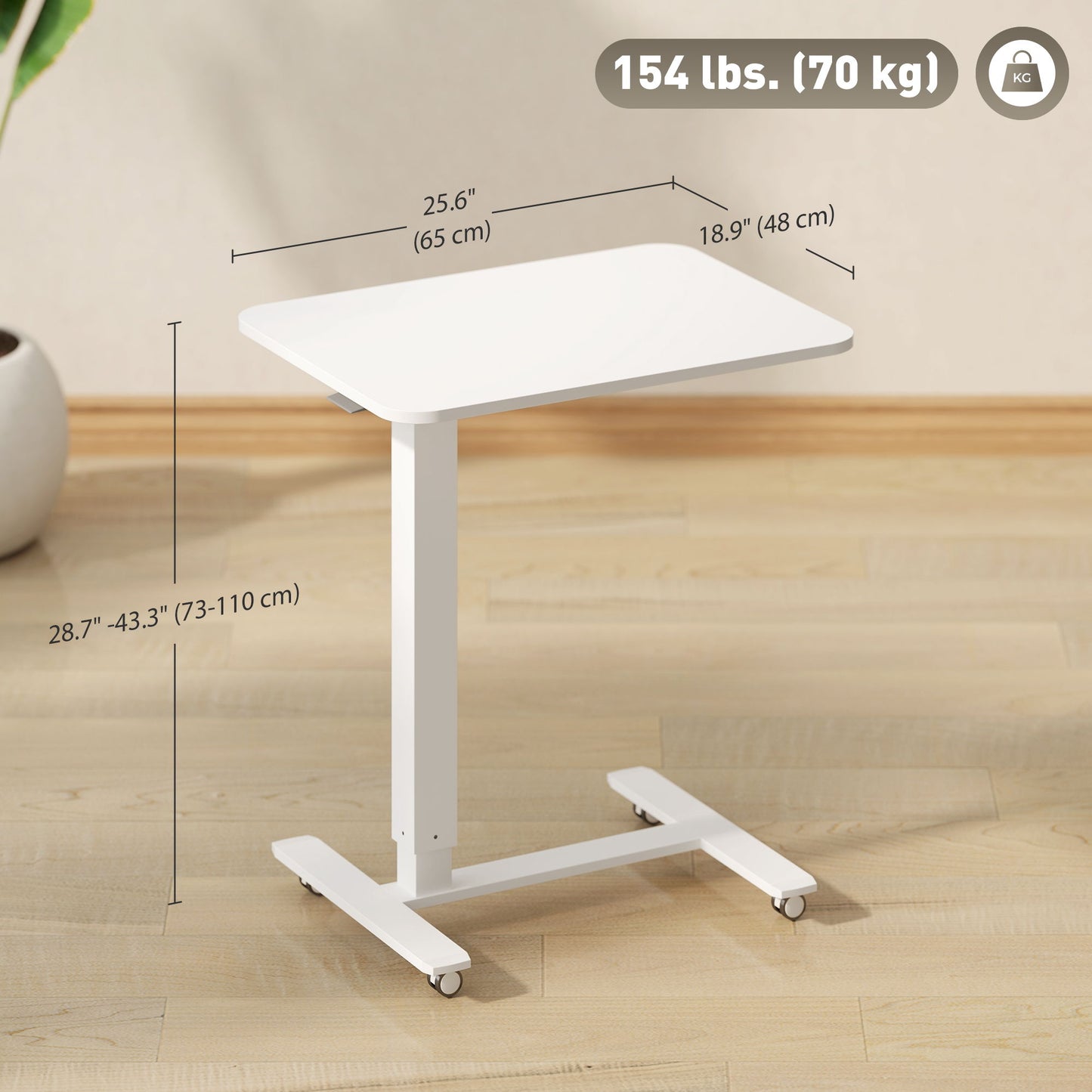 Pneumatic Standing Desk Adjustable Height, Mobile Stand Up Desk with Wheels, 43 Inch Portable Rolling Table, White