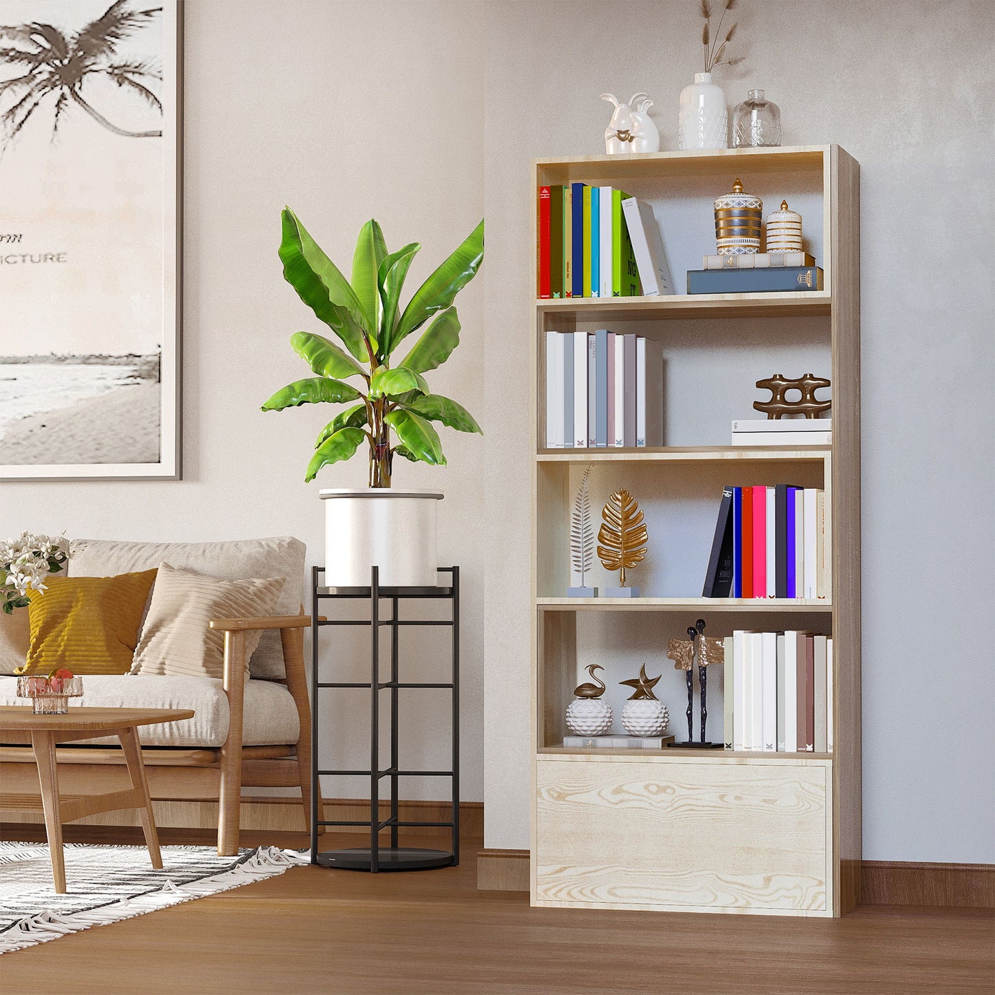 4-Tier Corner Bookcase, Rotating Storage Display Shelf, Multifunction Tall Bookshelf, Space Saving Room Divider for Home Office, White Oak