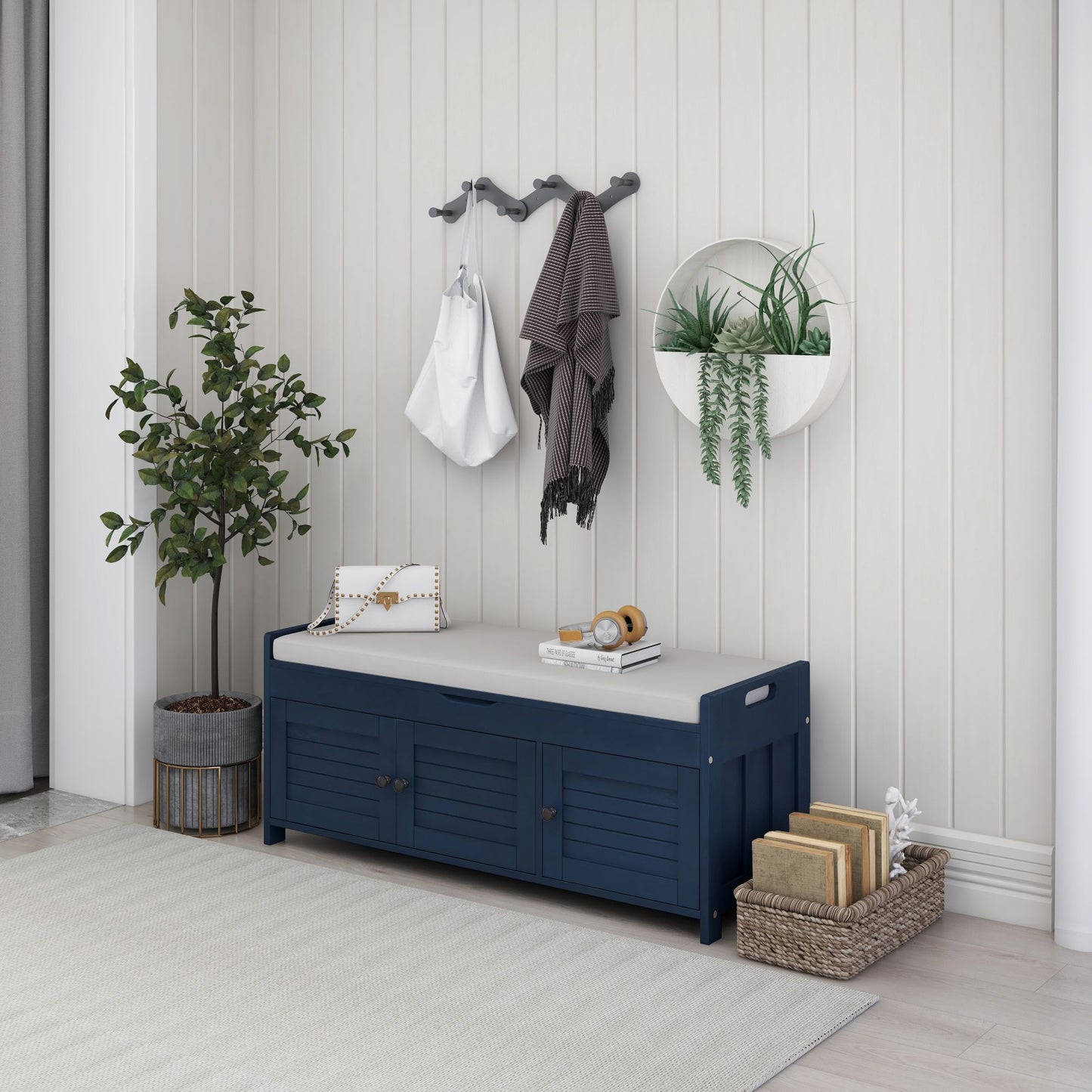 Rustic Storage Bench with Shutter-shaped Doors, Hidden Storage and Removable Cushion, 43.5" L x 16 " W x 18" H, Antique Navy