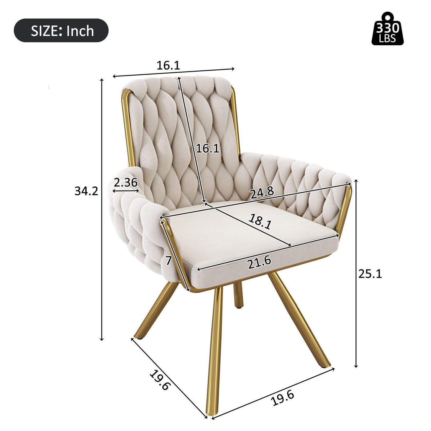 Set of 4 Velvet Tufted Dining Chairs with Ergonomic Support, Industrial-Chic Swivel Chairs with Metal Legs, 25'' L x 25'' W x 34'' H, Beige+Gold