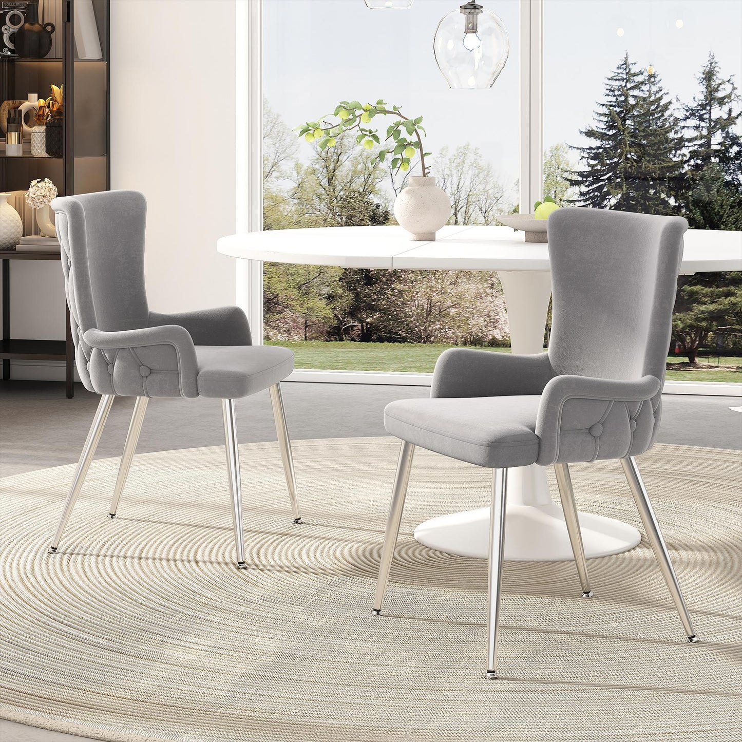 Set of 2 Velvet Dining Chairs with Electroplated Metal Legs, Ergonomic Chairs for Dining & Living Room, 21.5'' L x 20.5'' W x 33.5'' H, Gray+Silver