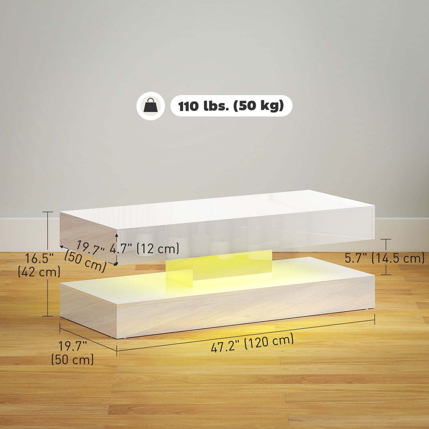 Coffee Table with Adjustable LED Lights, Modern Living Room Table with 2 Drawers, Open Shelf, Remote, High Gloss White