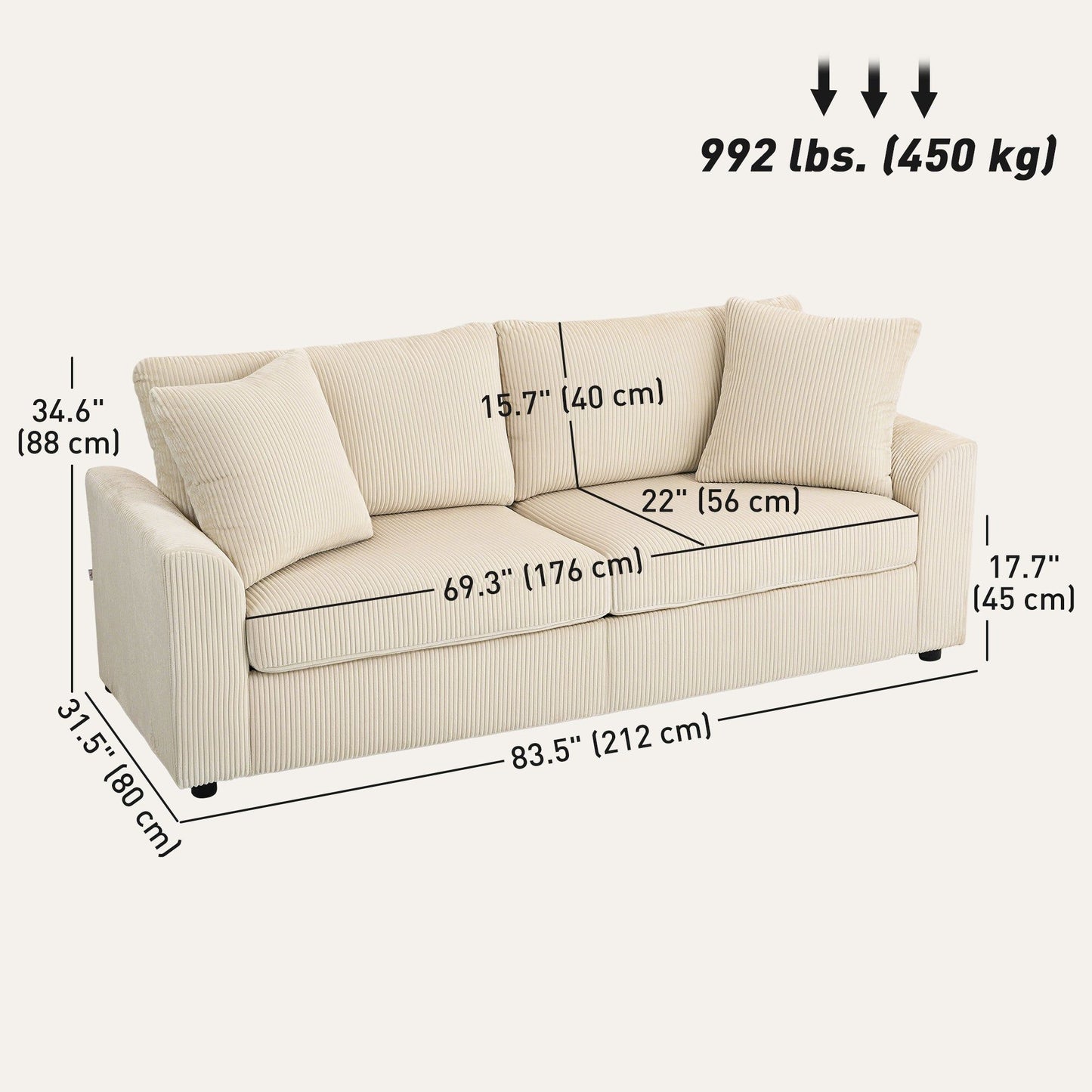 83.5" 3-Seater Sofa with Pocket Spring - Cream White