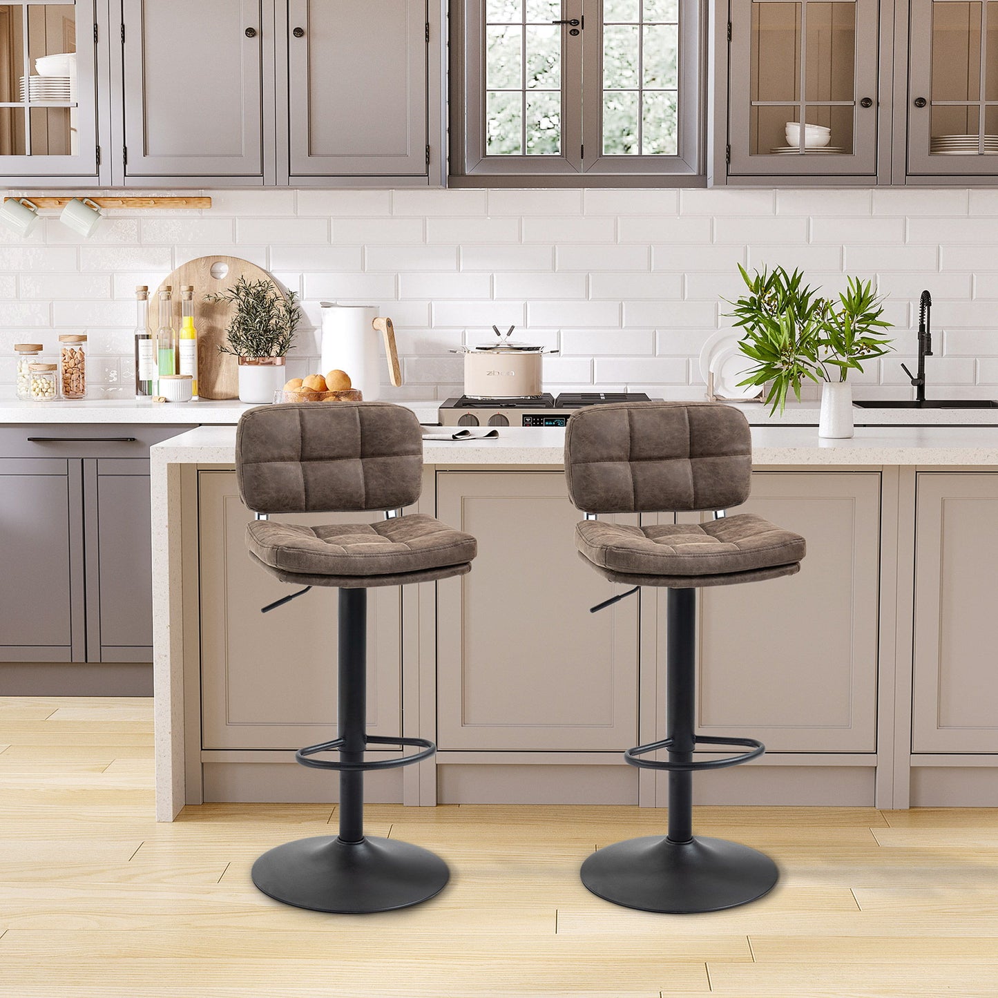 Bar Stools Set of 2, Swivel Counter Height Barstools with Adjustable Height, Back and Footrest, PU Leather Bar Chairs