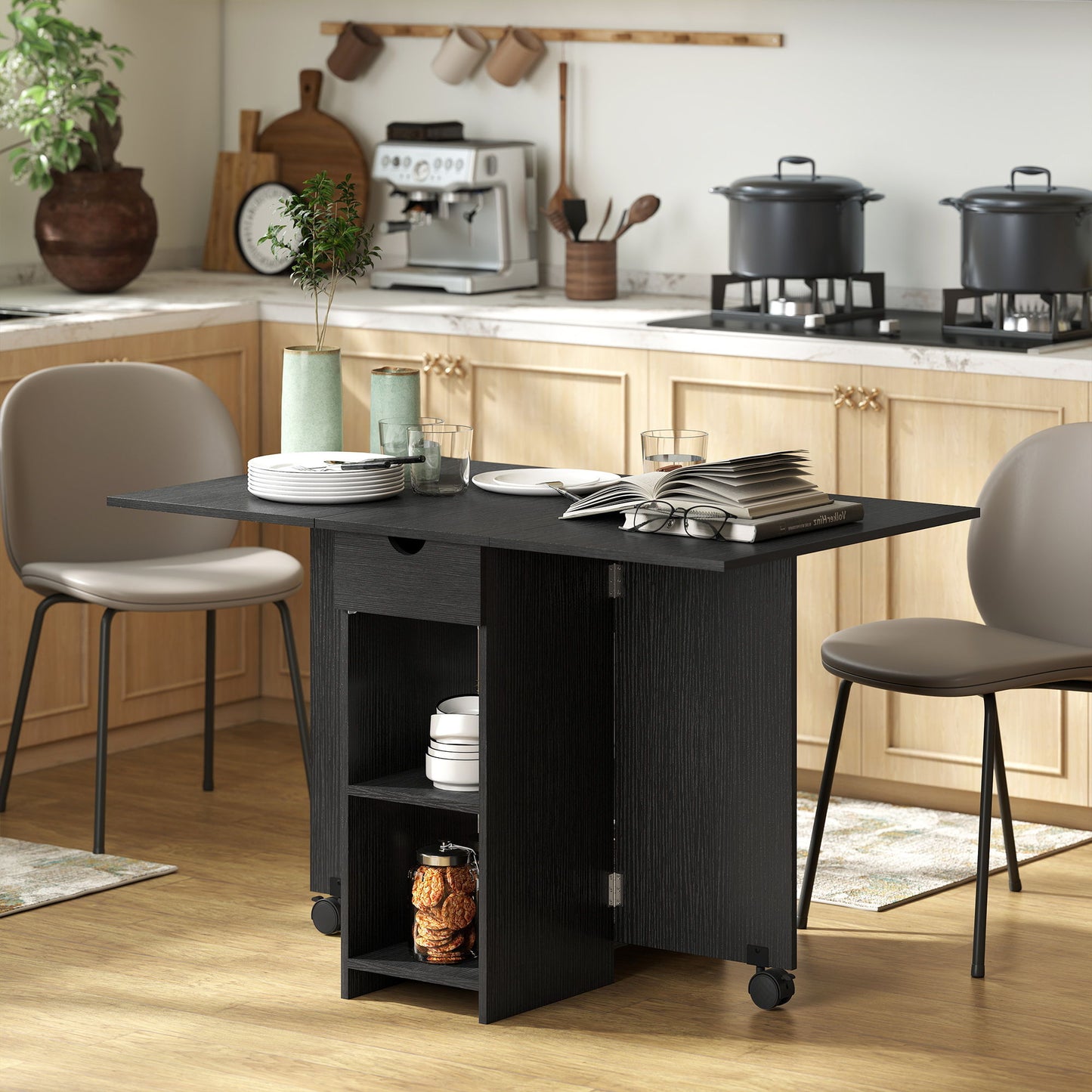 Folding Dining Table with Storage, Drop Leaf Kitchen Table with Drawer and Shelves for Small Spaces, Black