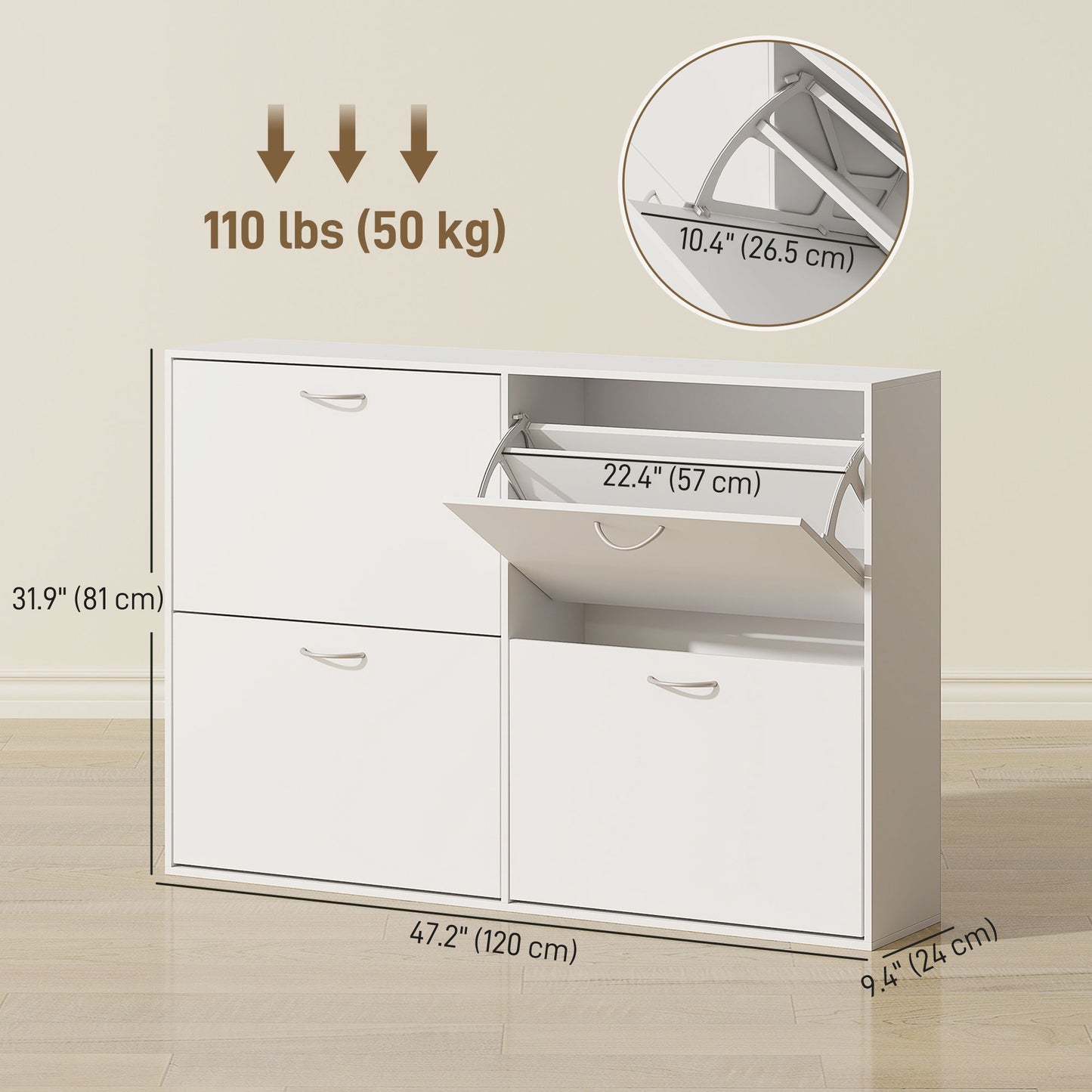 Flip Down Shoe Rack, Multi Cabinet, Wooden Shoe Shelf, Entryway, 4 Drawer Organizer, Freestanding Unit, White