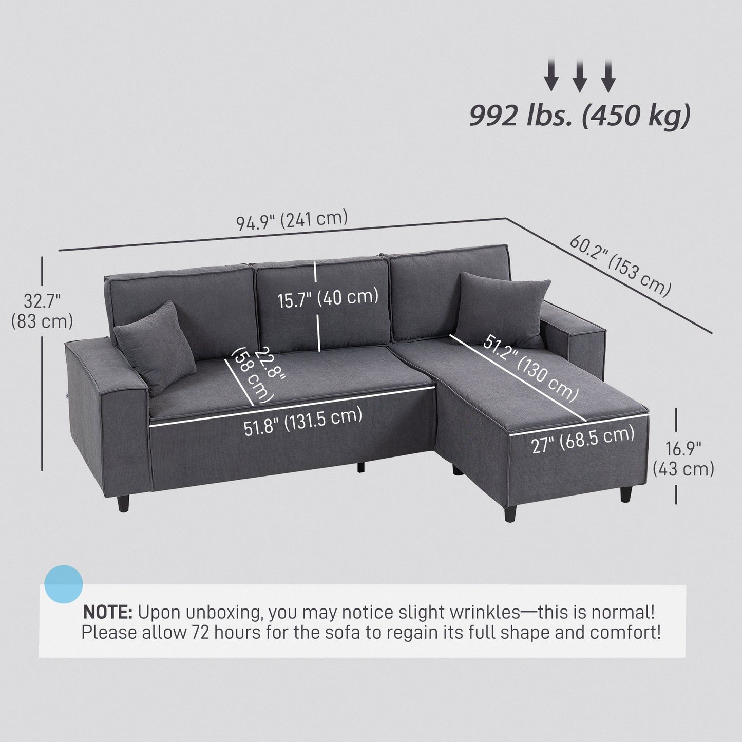L-Shaped Corduroy Sectional Sofa with Reversible Chaise - Charcoal Grey