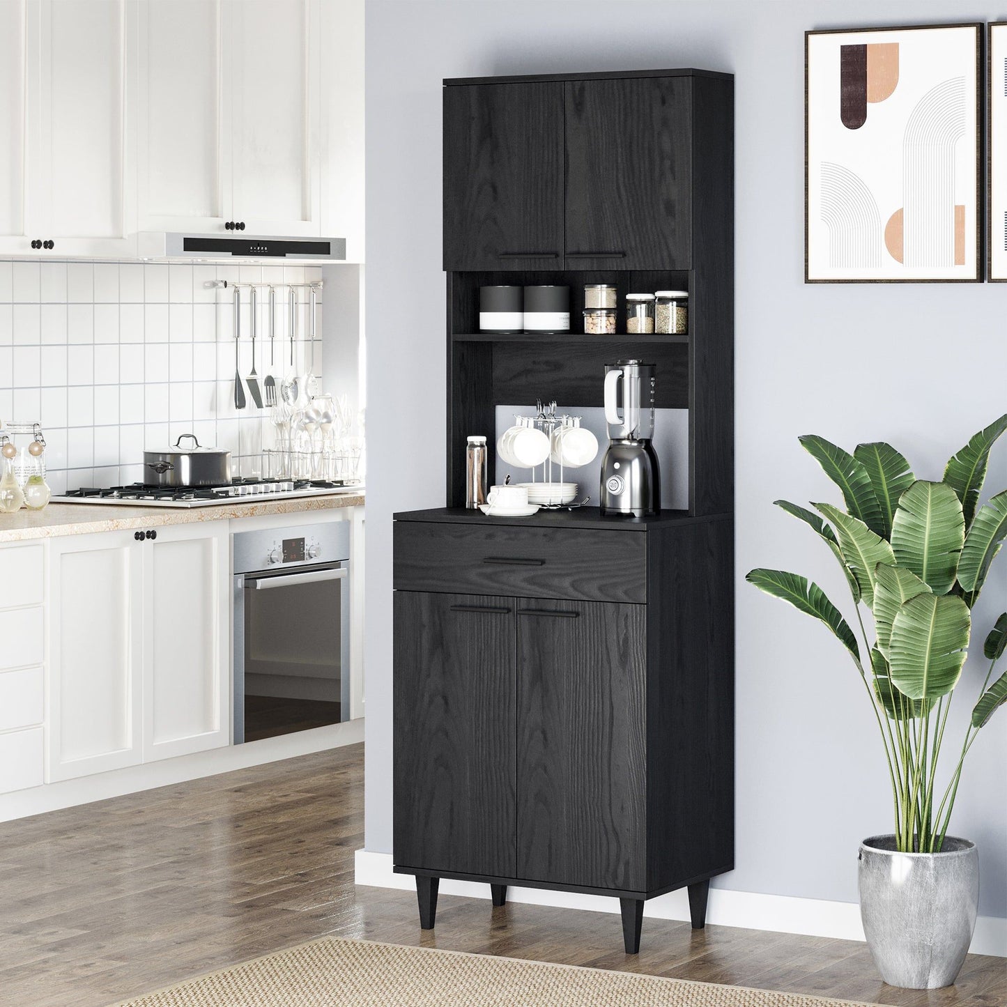 Kitchen Buffet with Hutch and Microwave Counter - Black