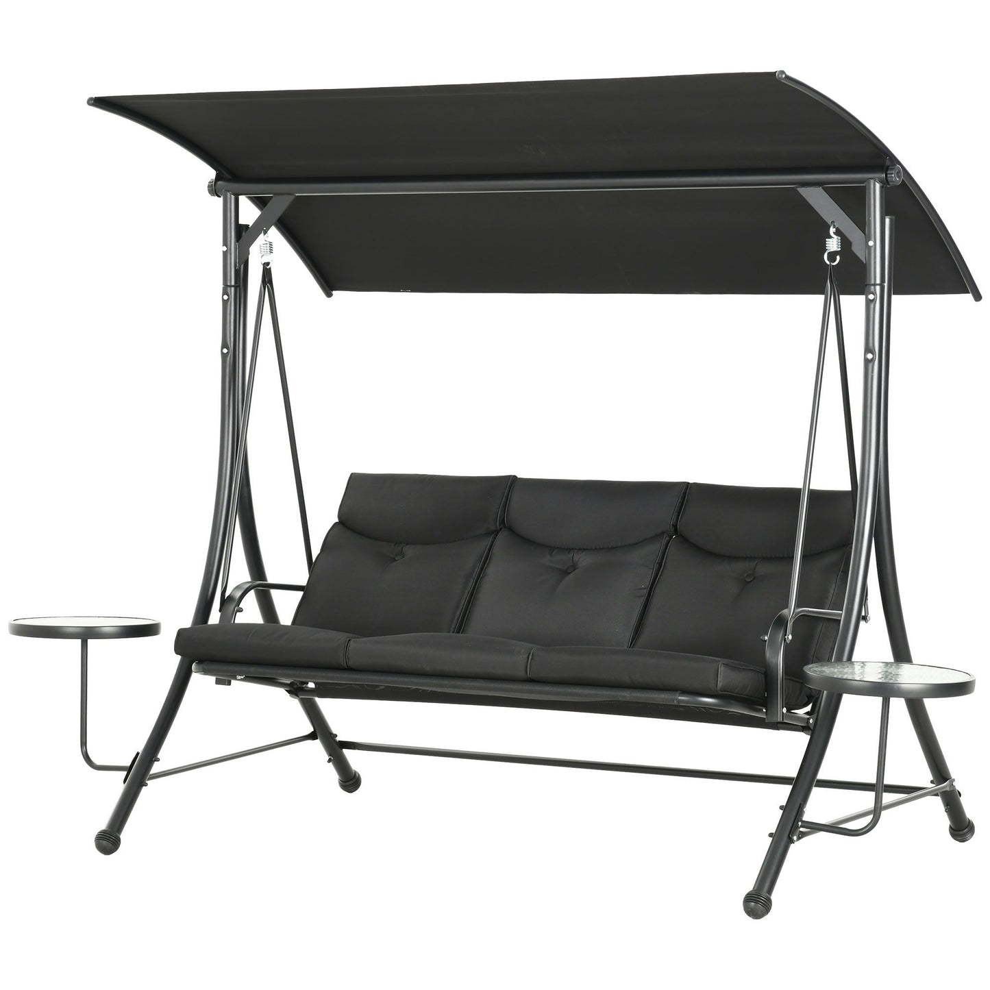 3 Seat Outdoor Swing Chair Steel Swing Bench Porch Swing With Adjustable Canopy & Coffee Tables & Cushion for Patio Garden, Black