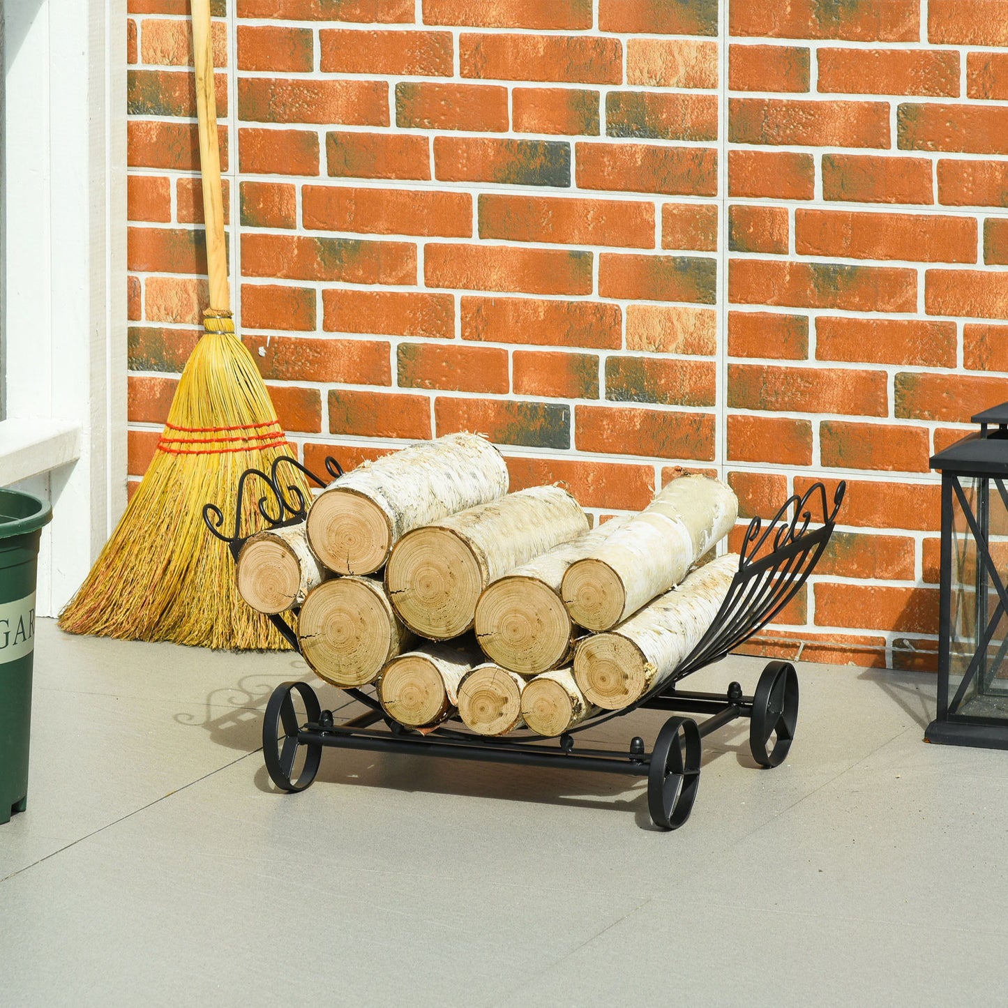23" Firewood Log Rack Curved Fireplace Log Holder Stylish Wood Storage Carrier with Scrolls, for Outdoor and Indoor Use, Black